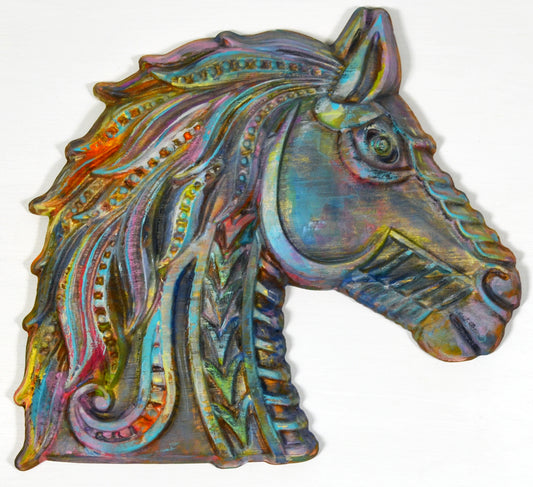 Horse hand painted 3d wood carving, wood wall art, ready to hang vibrant colorful horse decor