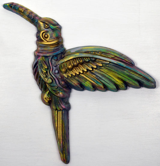 Hummingbird hand painted 3d wood carving, vibrant and bold wood wall art ready to hang