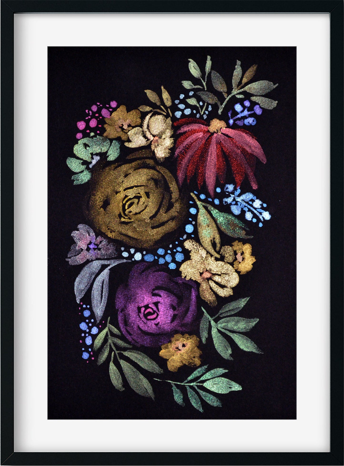 Metallic floral bouquet watercolor painting