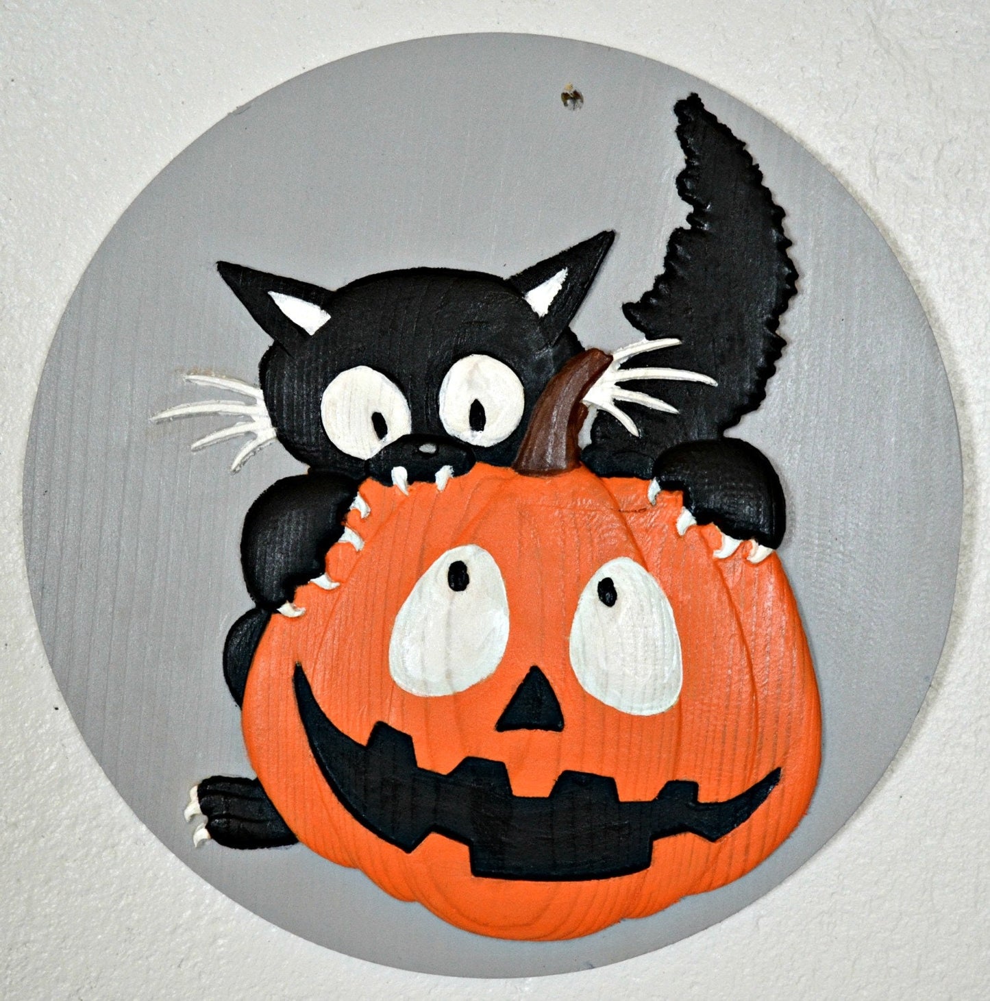 Halloween kitty wall hanging, black cat, pumpkin wood carving, 3d wood carving, Halloween decorations