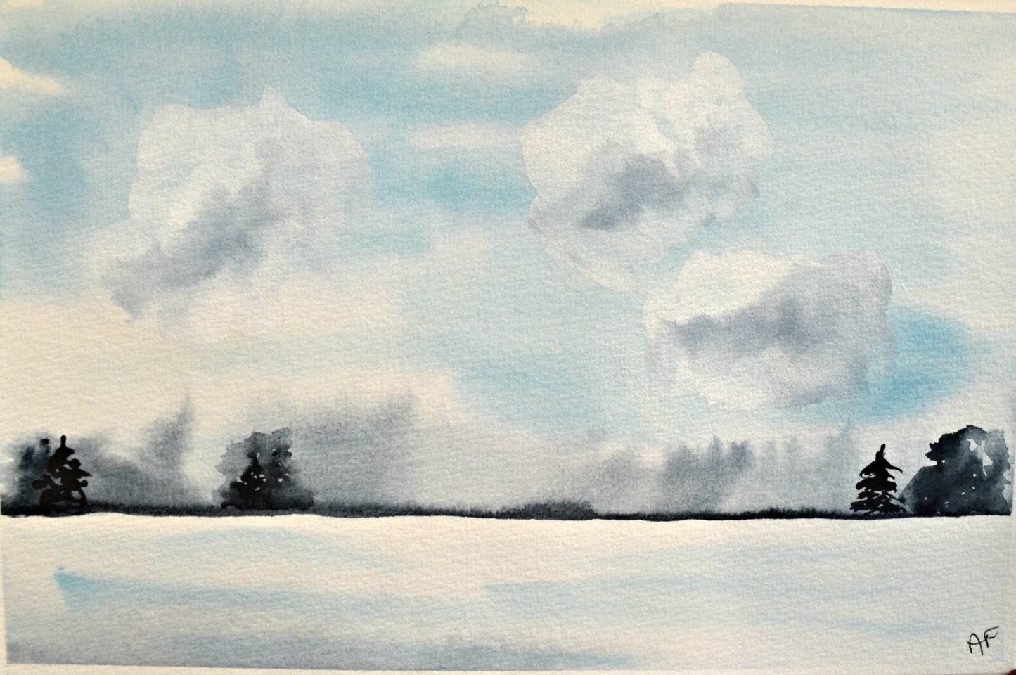 Cloudy day original hand painted watercolor landscape painting, 9x6 on paper, ready to frame, snowy landscape wall art