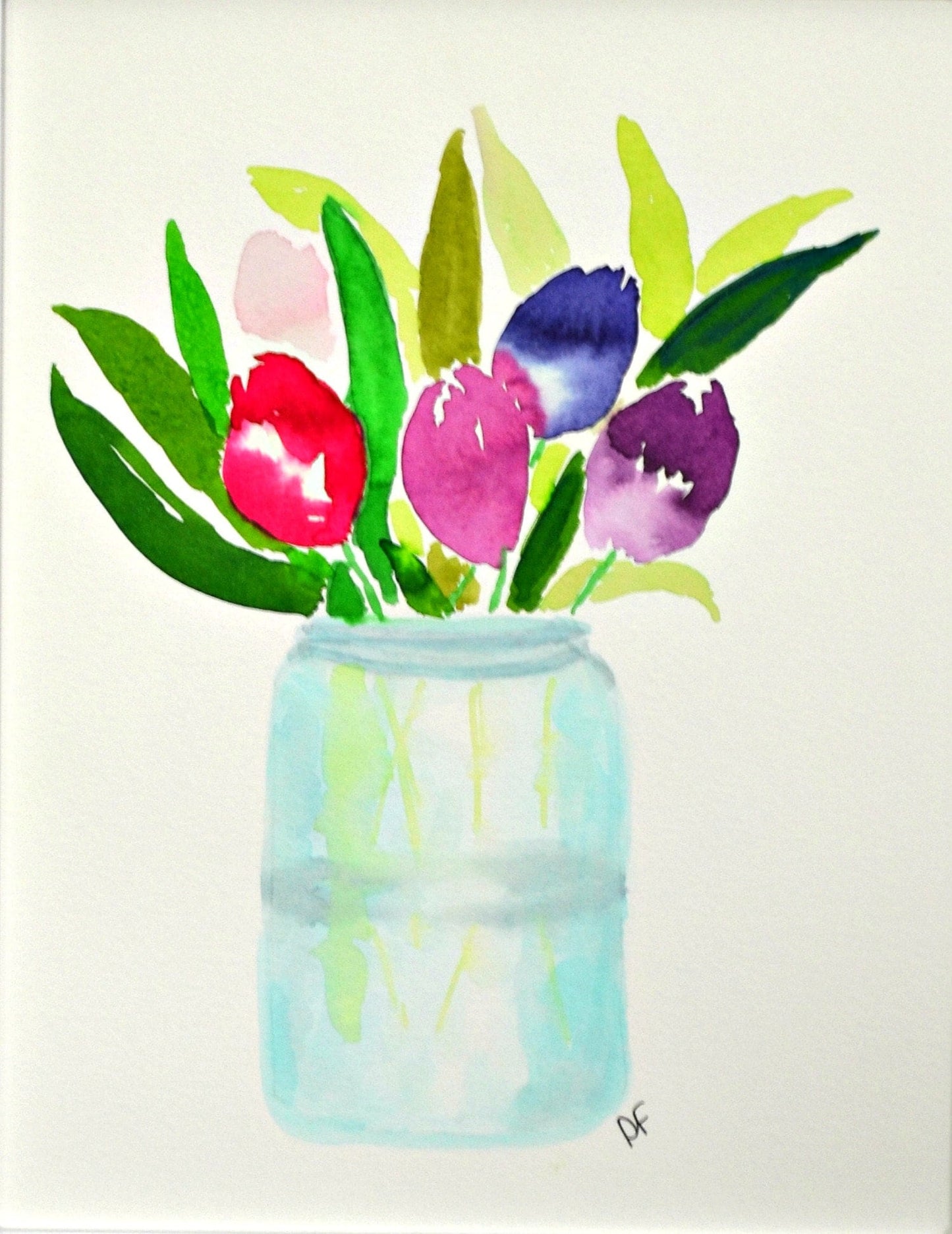 Watercolor painting of tulips in a vase, hand painted 8x10 on paper, original botanical wall art, small gallery wall art