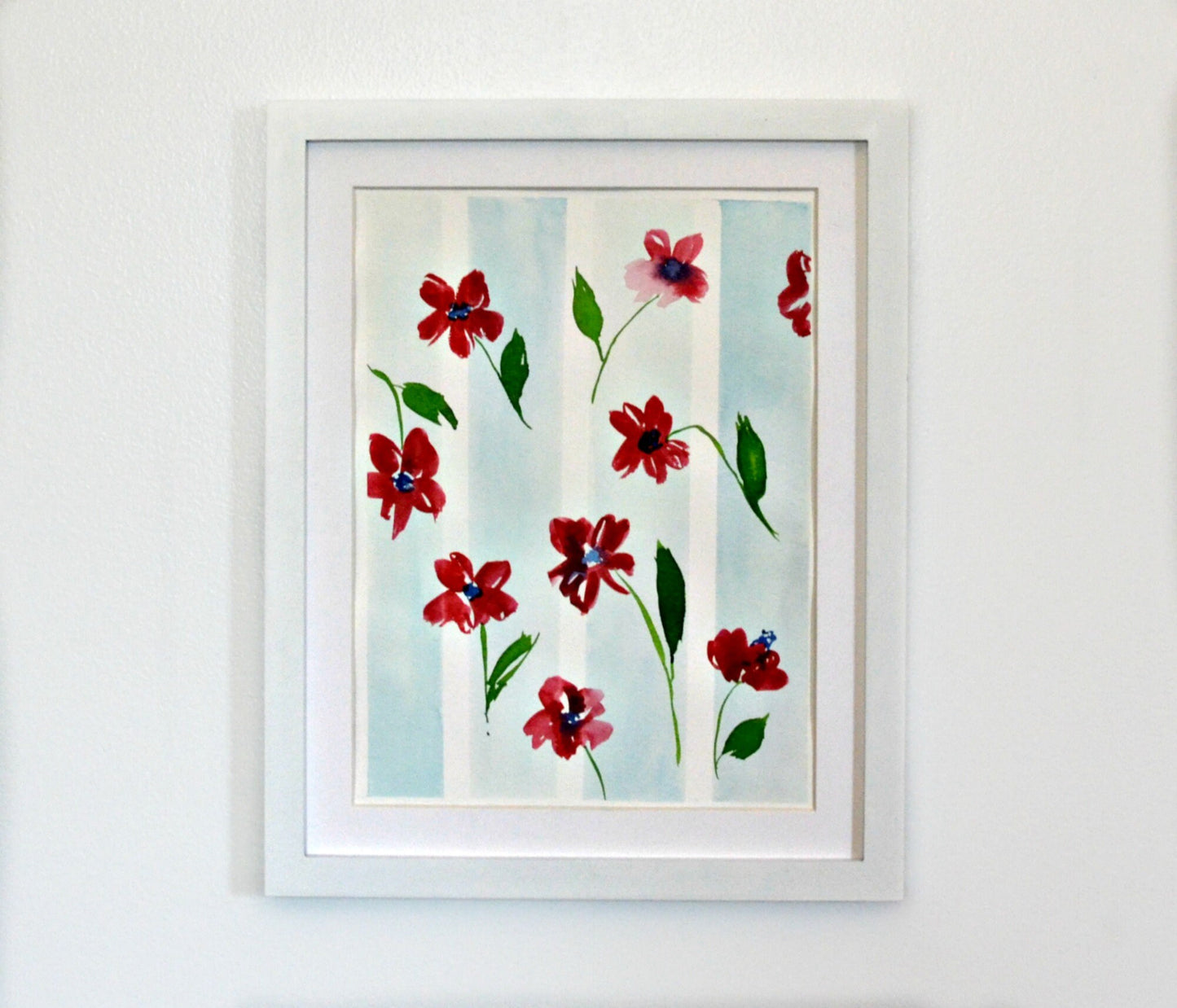 Red poppy flower original watercolor painting, blue stripe wallpaper inspired wall art