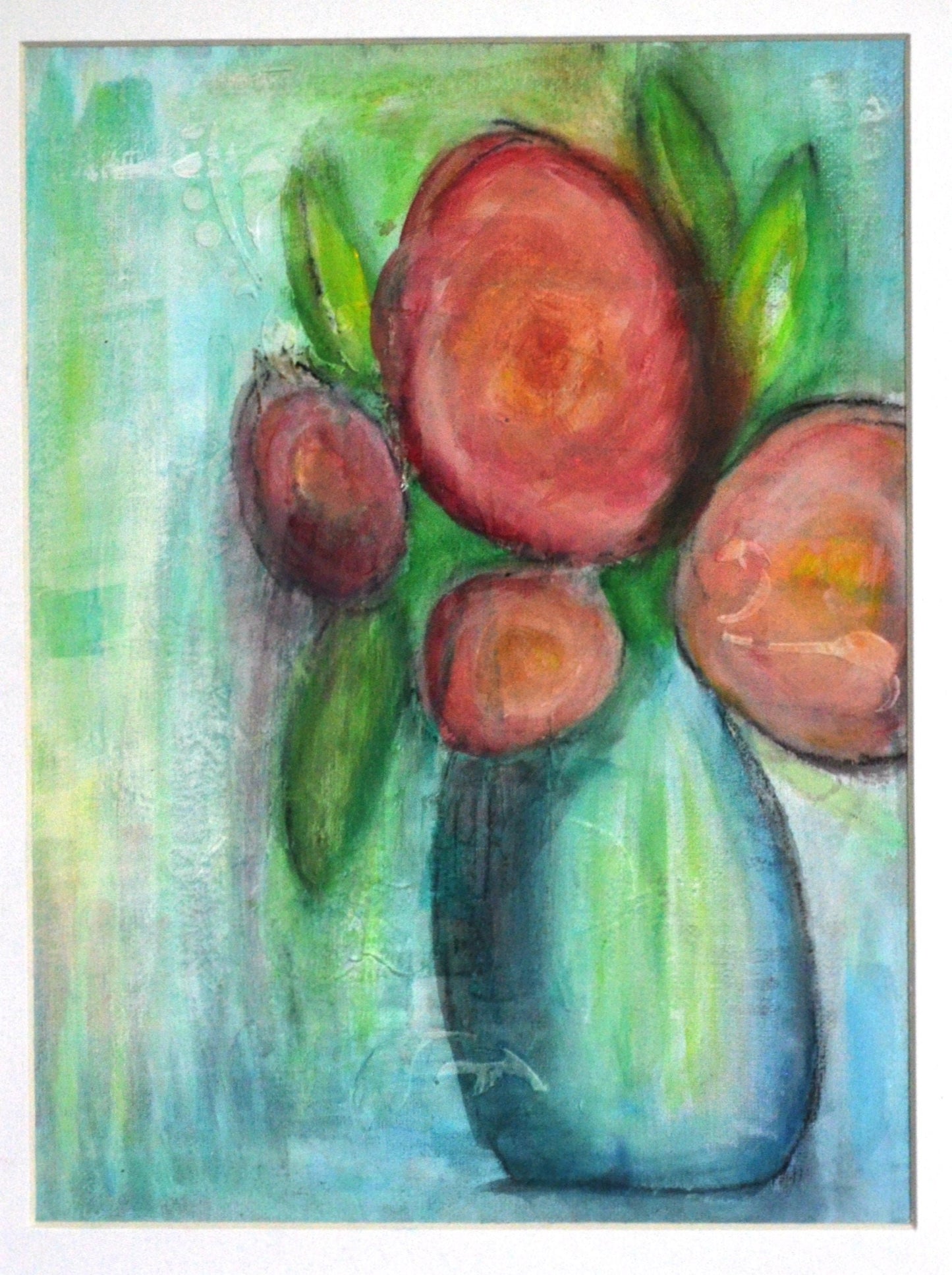 Abstract flowers in a vase painting on a canvas board 9x12, hand painted watercolor mixed media flowers, red flower wall decor