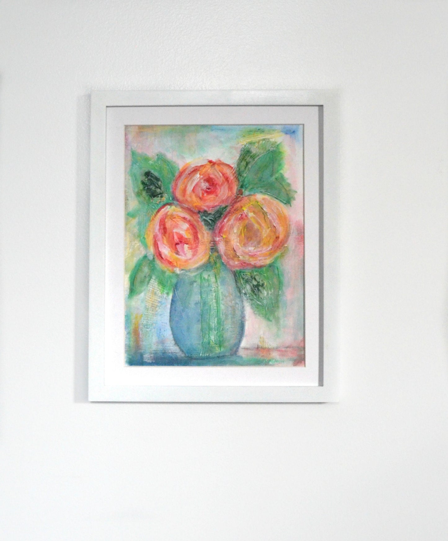 Abstract mixed media flowers in vase painting 9x12, hand painted original artwork on canvas board