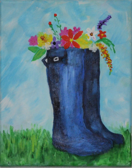 Blue rain boots with April flowers acrylic painting on canvas 8x10, hand painted spring flowers original painting, canvas wall art