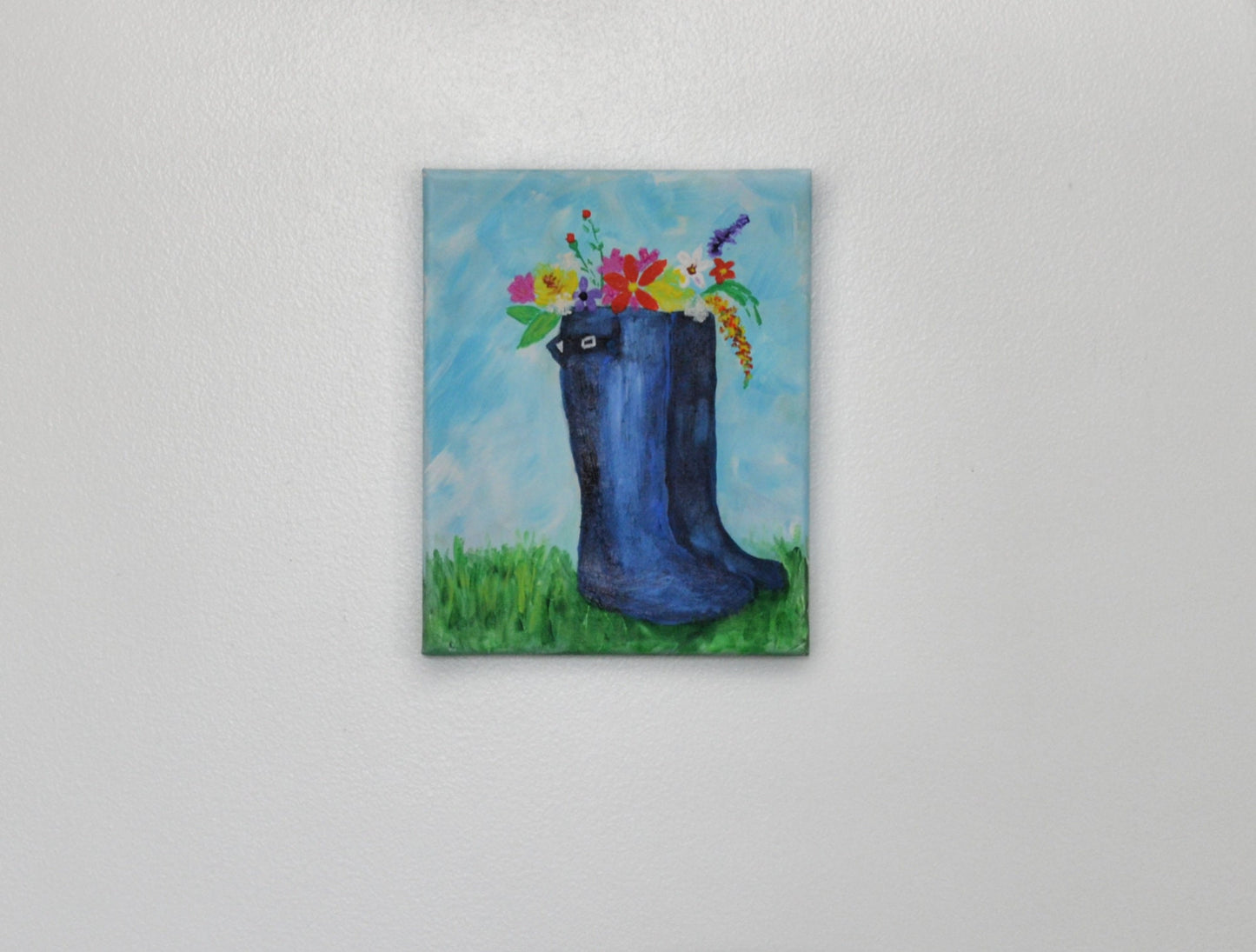 Blue rain boots with April flowers acrylic painting on canvas 8x10, hand painted spring flowers original painting, canvas wall art