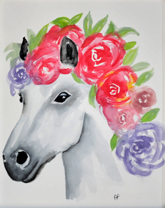 Horse with flower mane watercolor painting, whimsical horse wall art, original watercolor painting