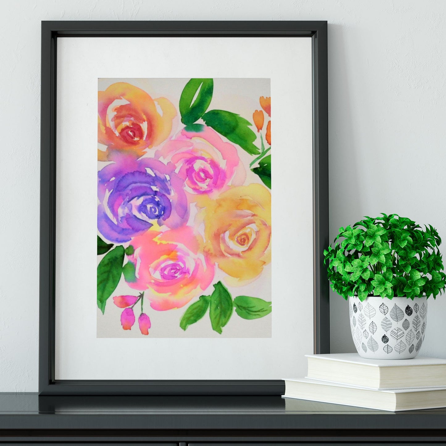 Pink rose hand painted watercolor painting 8x10, multicolor flower bouquet wall art, spring botanical original wall art