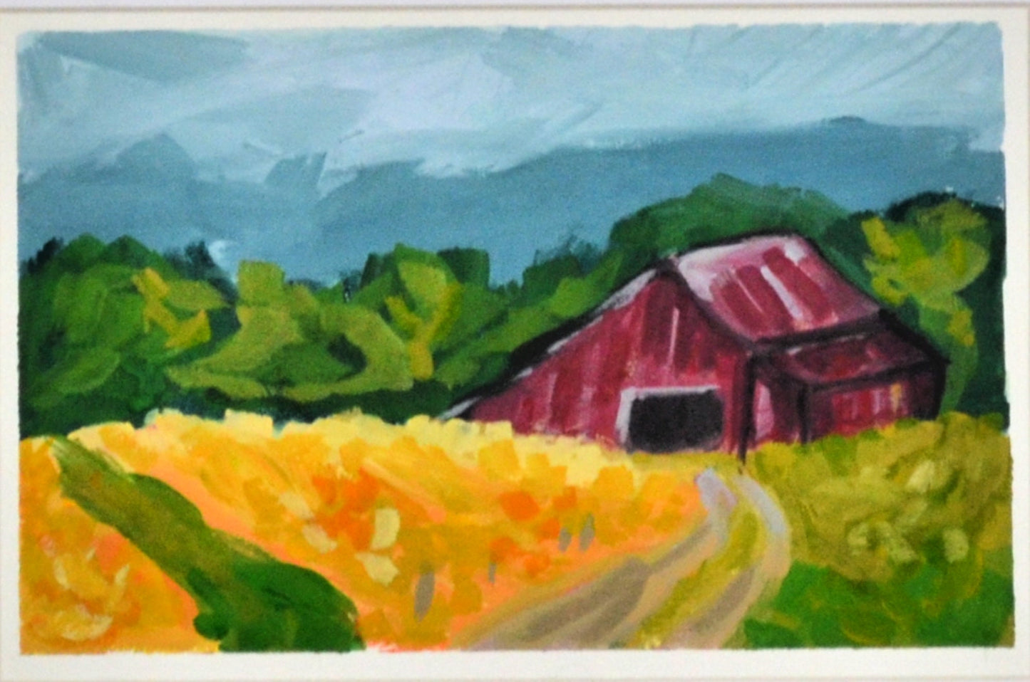 Country landscape with red barn on paper 6x9, hand painted gouache watercolor on paper, impressionism farm scenery