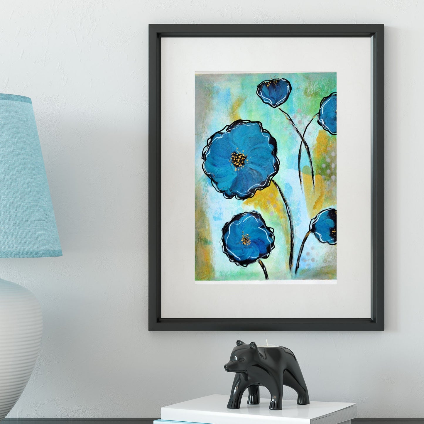 Blue poppy hand painted mixed media flower painting on paper 9x12, blue gallery wall art