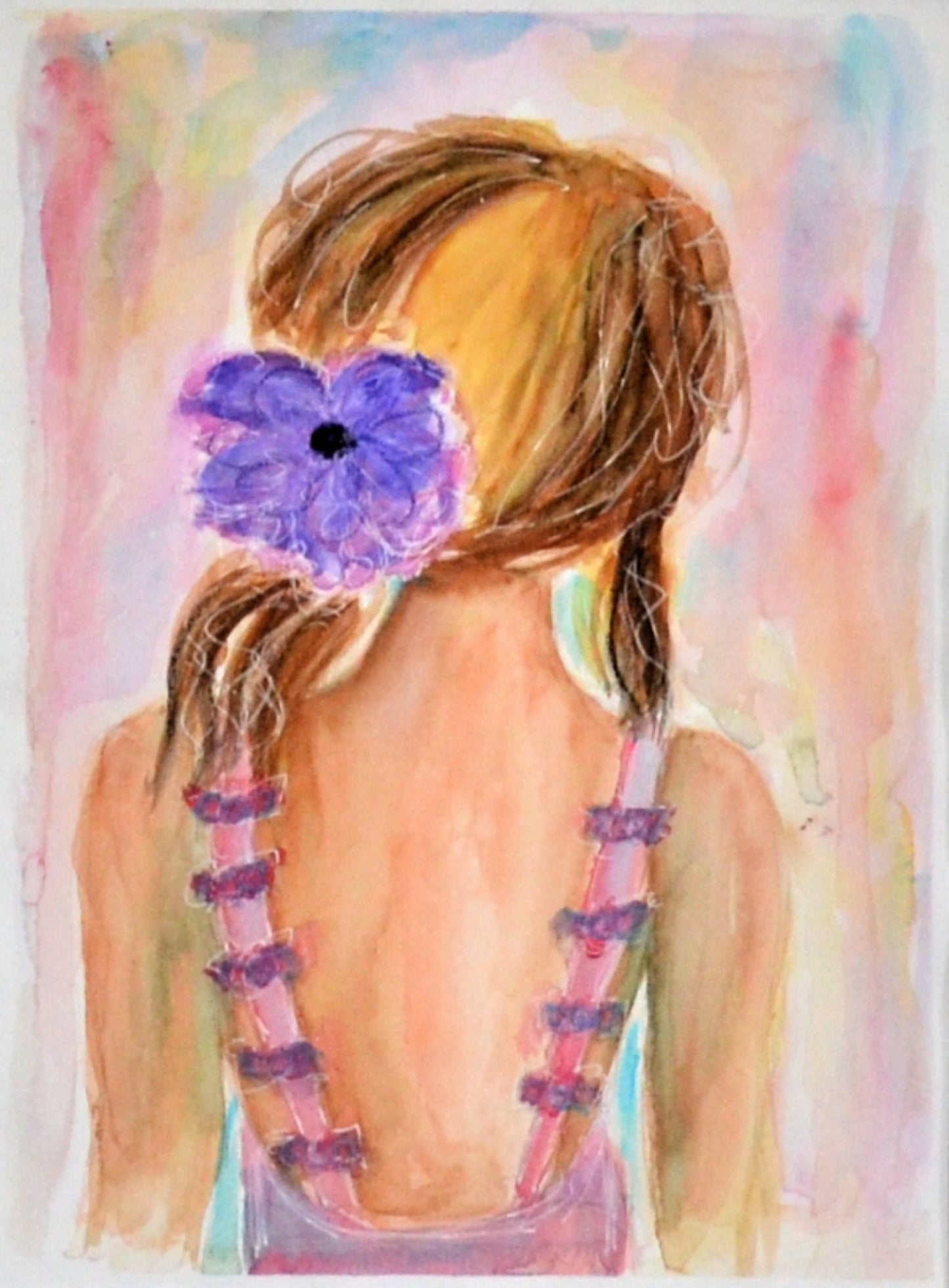 Female portrait with purple flower in her hair 9x12, hand painted original watercolor painting