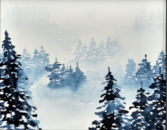 Misty pine tree forest original watercolor painting on canvas panel 8x10, dark blue foggy forest watercolor painting