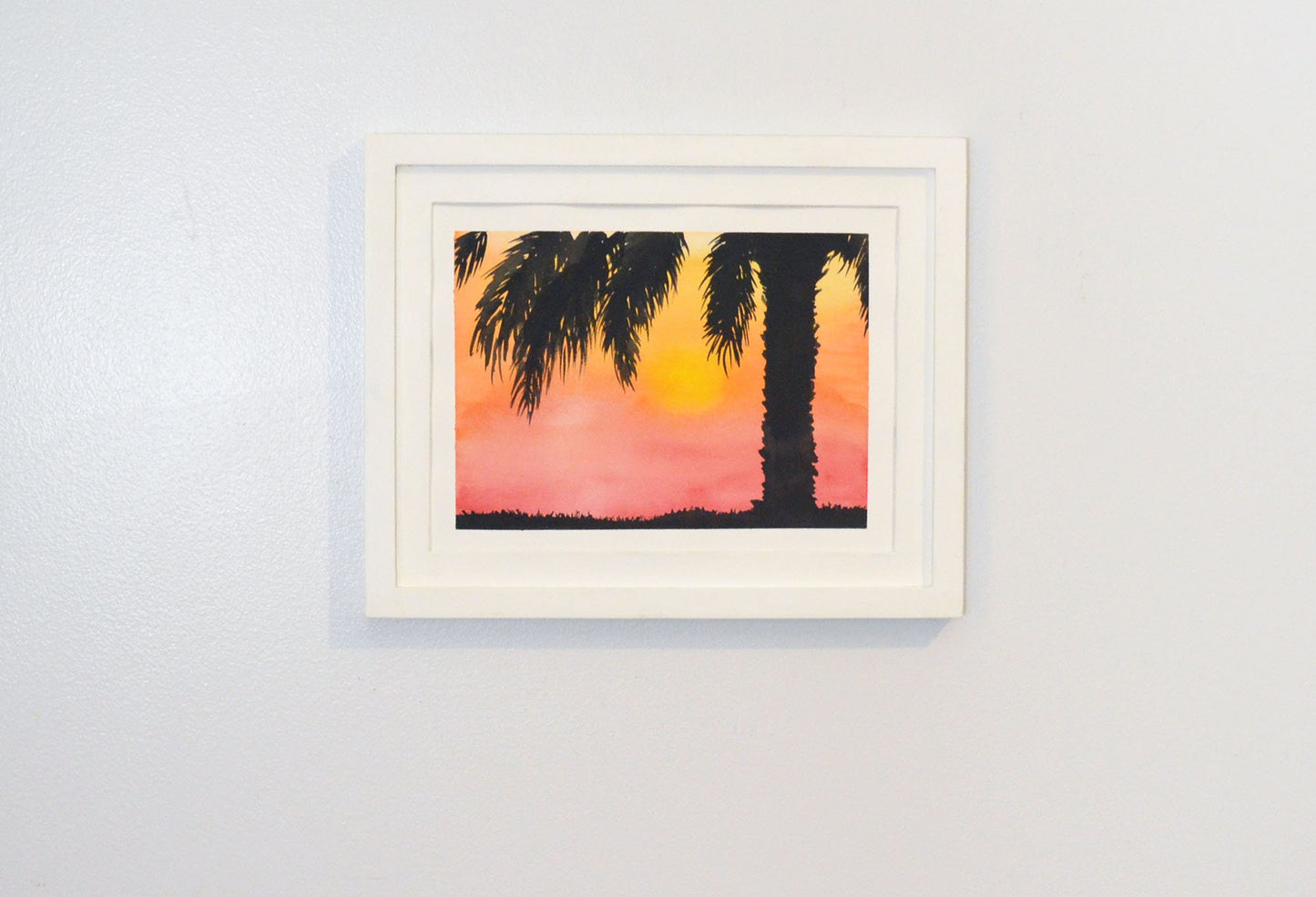 Palm trees sunset original watercolor painting, sunset in paradise wall art, ocean sunset artwork