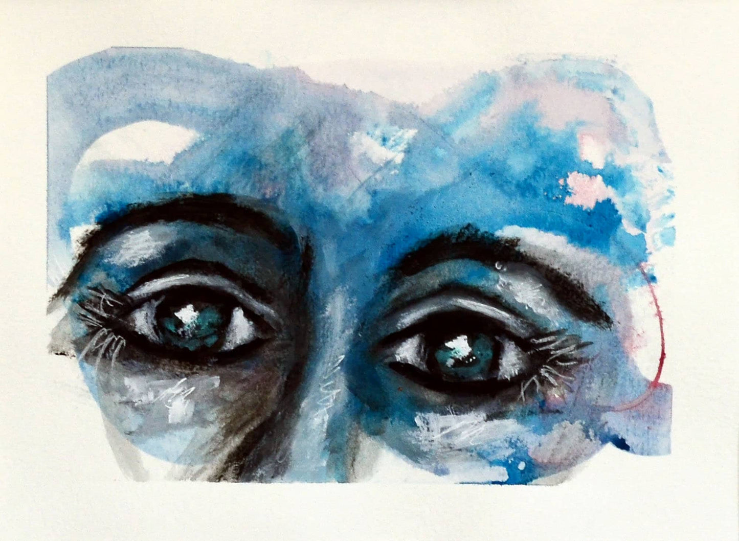 Expressive female eyes mixed media on paper, portrait of a woman watercolor