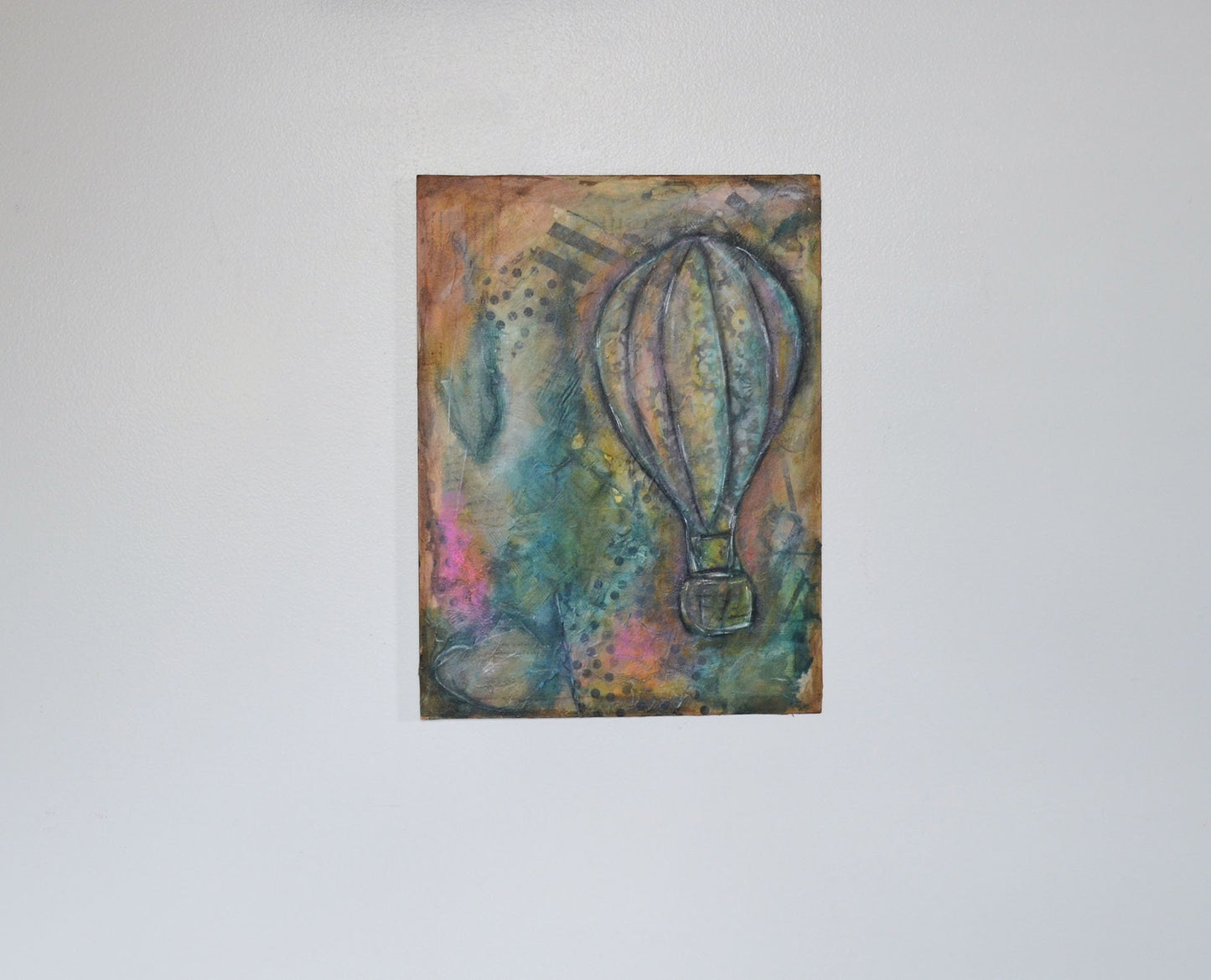 Hot air balloon hand painted mixed media abstract painting 12x16, Steampunk style original painting on canvas