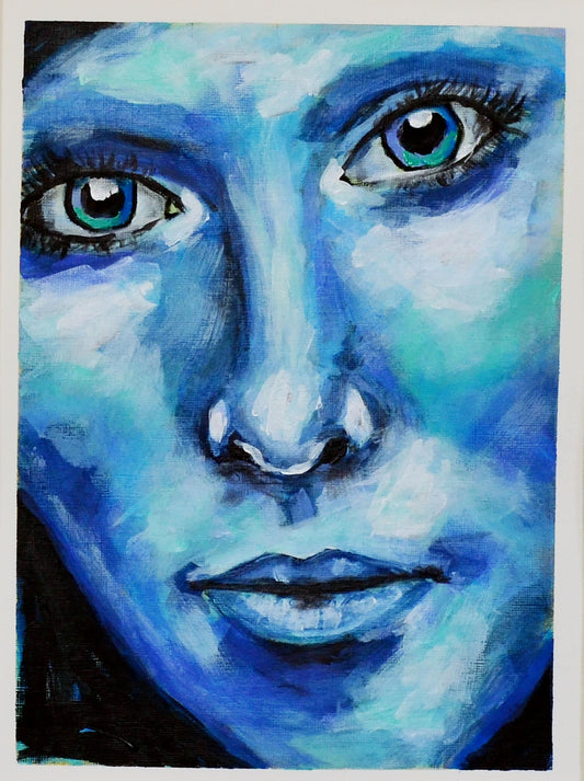 Expressive female face hand painted acrylic painting on acrylic paper 9x12, gallery wall acrylic wall art, bold wall art