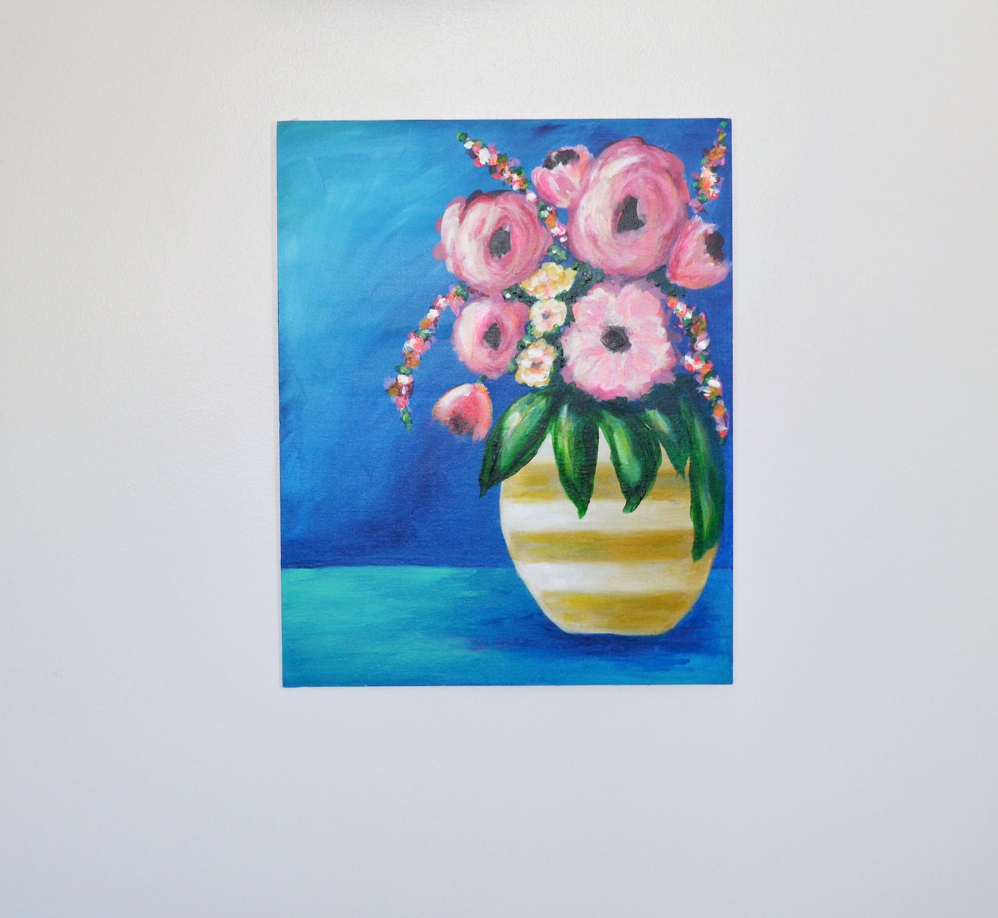 Flower rose bouquet in a yellow striped vase, original hand painted acrylic painting ready to frame 16x20, canvas wall art