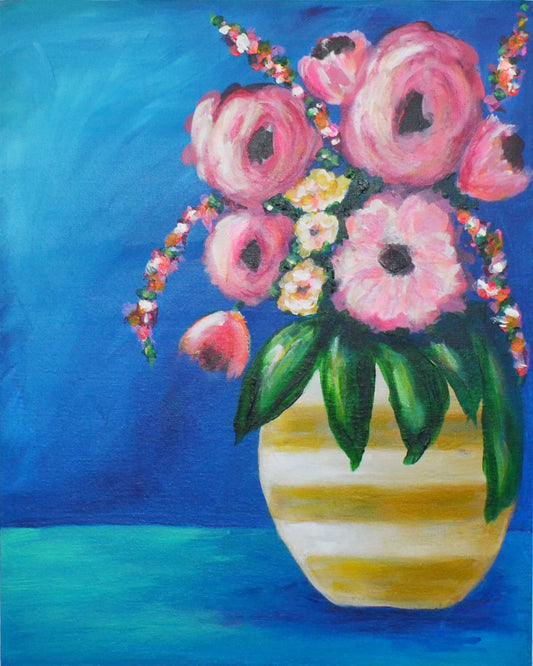 Flower rose bouquet in a yellow striped vase, original hand painted acrylic painting ready to frame 16x20, canvas wall art