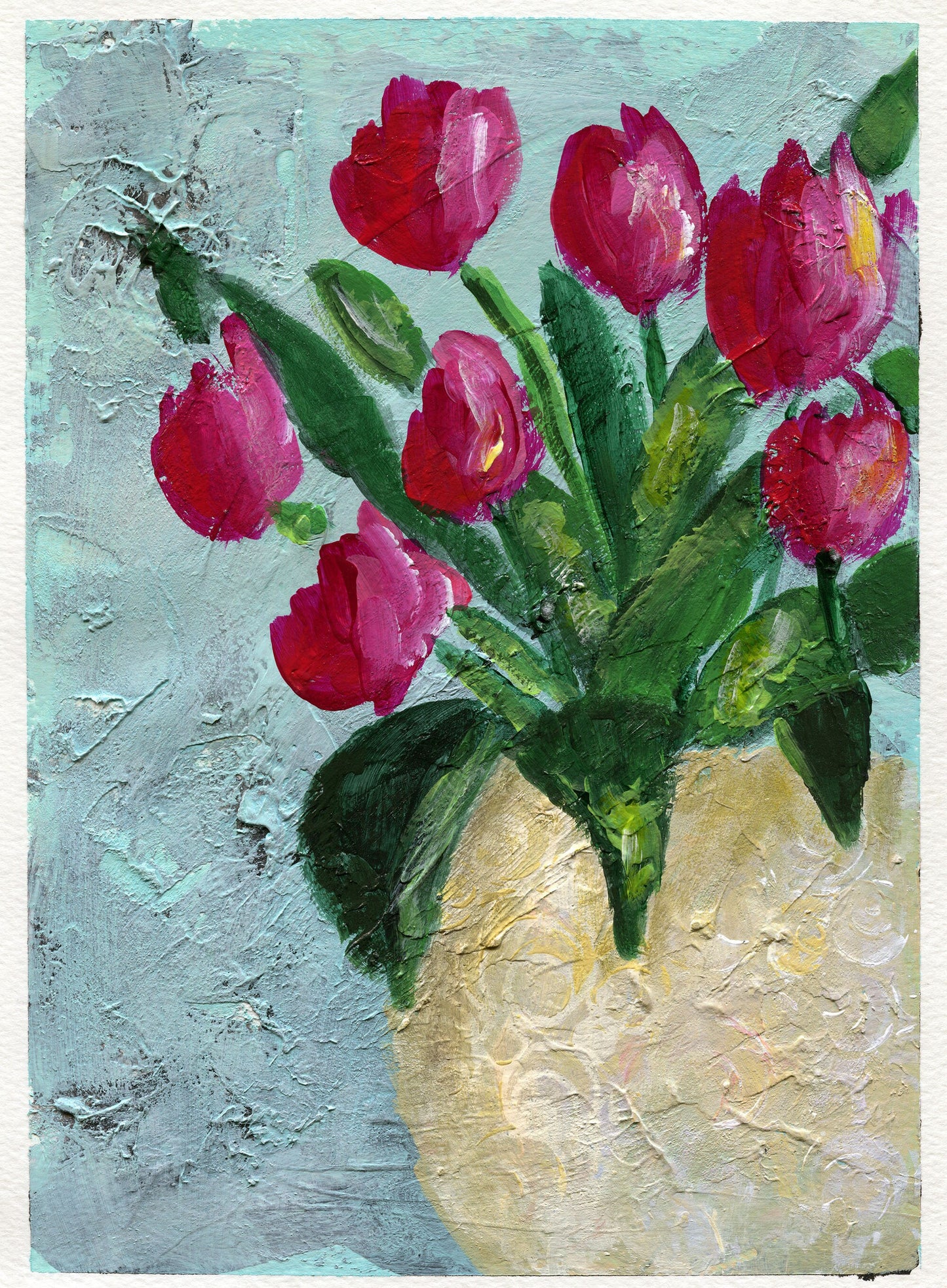 Red tulips in a cream vase original acrylic painting 9x12, hand painted textured mixed media modern floral wall art