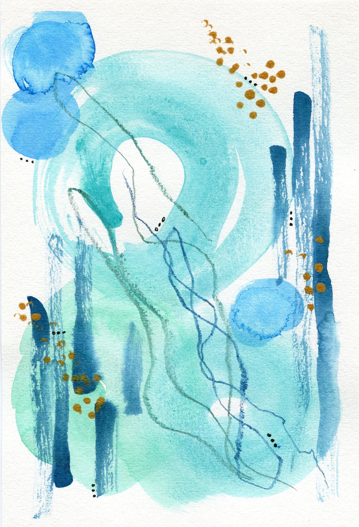 Blue abstract botanical watercolor painting 6x9, hand painted abstract circle watercolor original artwork