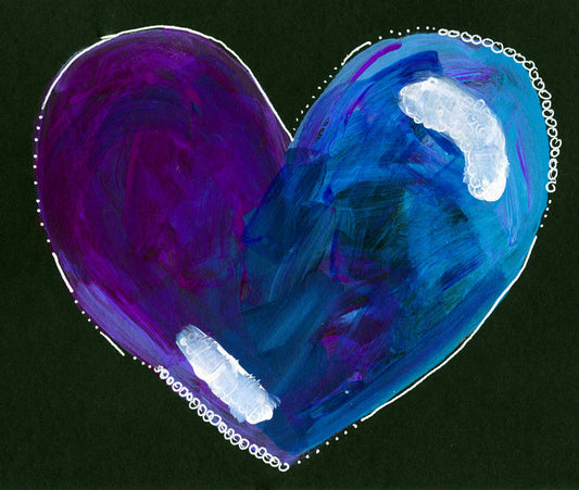 Neon blue purple heart on black paper, mixed media abstract painting, original painting on paper