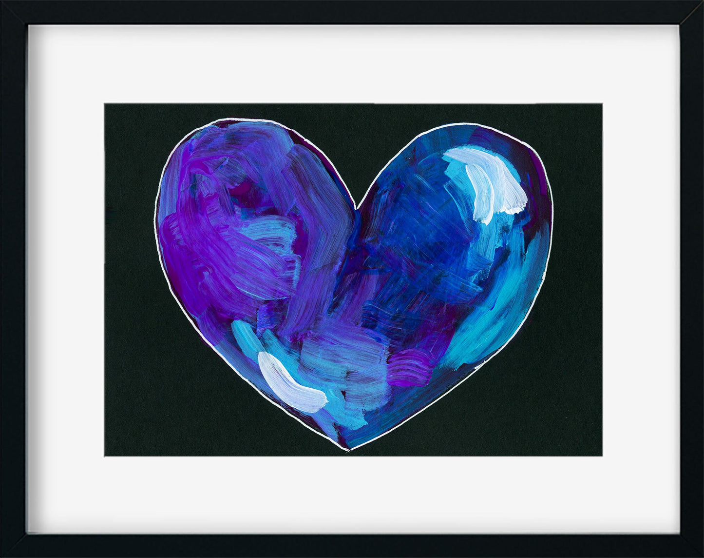 Neon blue and purple heart on black paper, mixed media abstract painting, original painting on paper