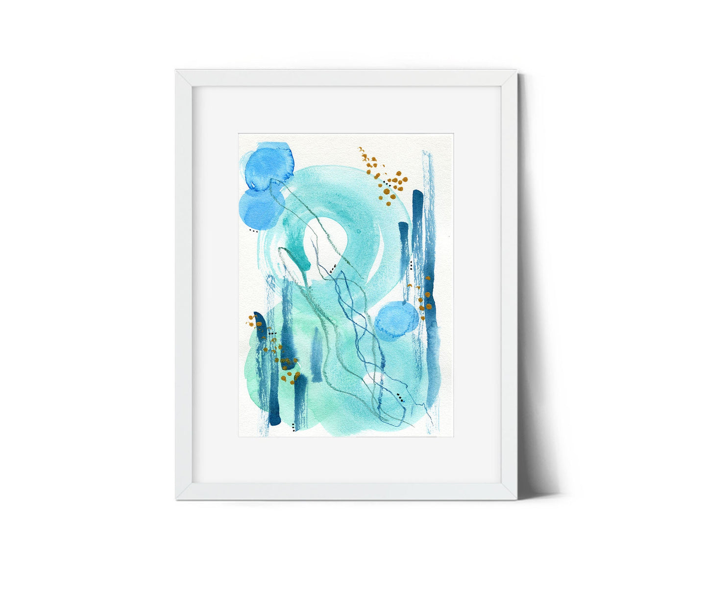 Blue abstract botanical watercolor painting 6x9, hand painted abstract circle watercolor original artwork