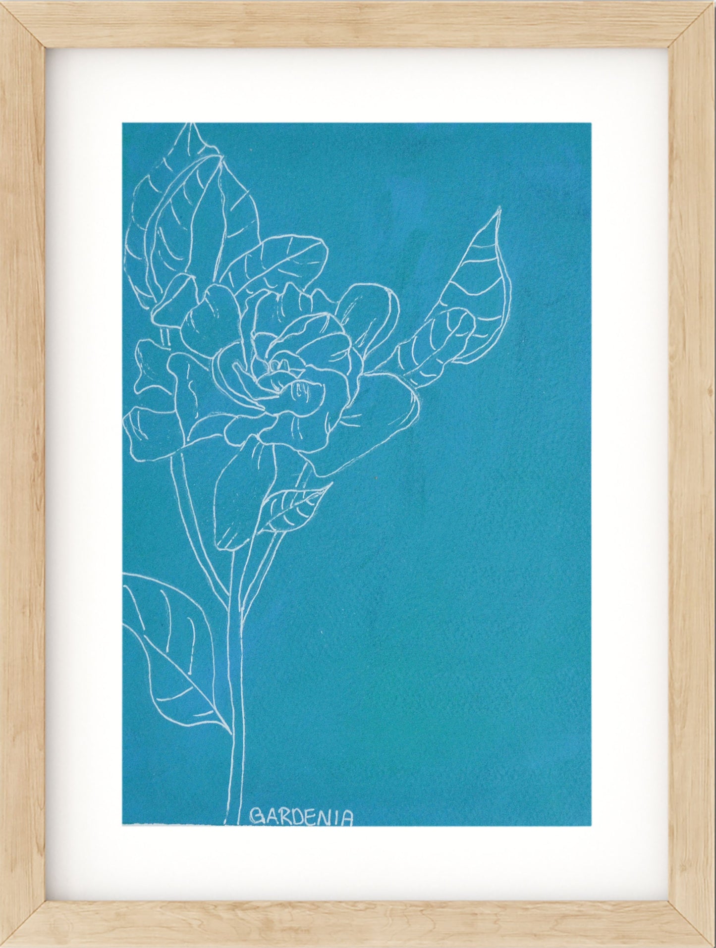 Gardenia line drawing acrylic painting on watercolor paper 9x12, hand painted modern botanical, simple botanical original artwork