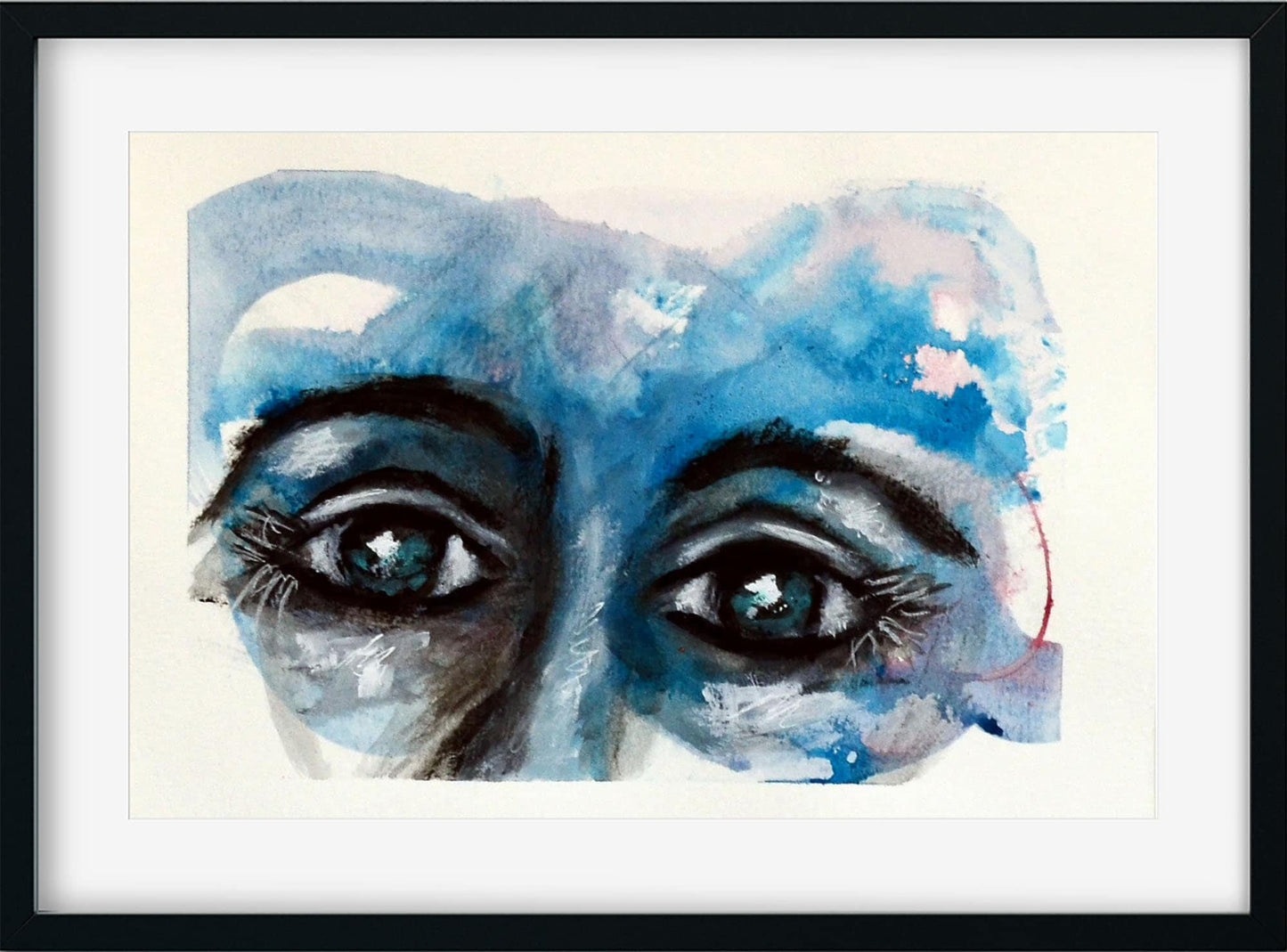 Expressive female eyes mixed media on paper, portrait of a woman watercolor