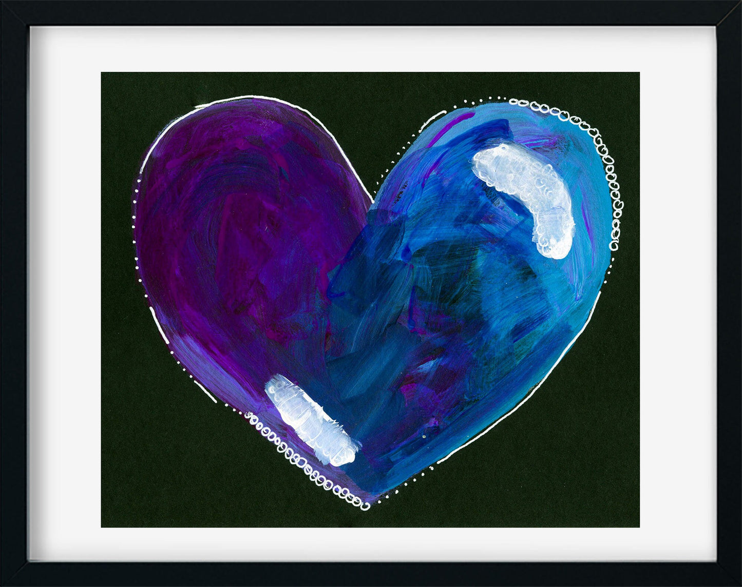 Neon blue purple heart on black paper, mixed media abstract painting, original painting on paper