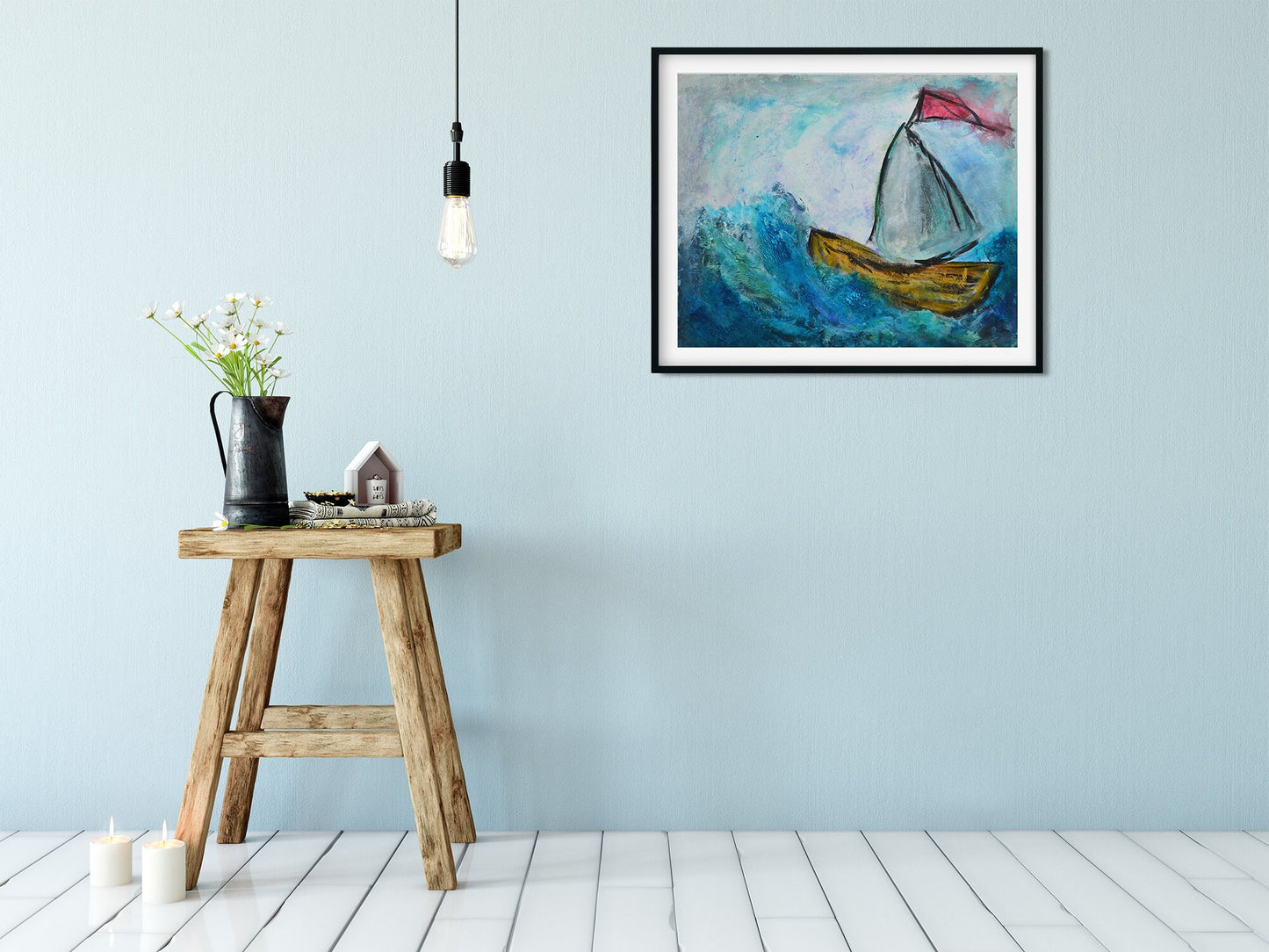 Sailboat and ocean painting hand painted on canvas board 16x20, mixed media painting on canvas panel, life on the water painting