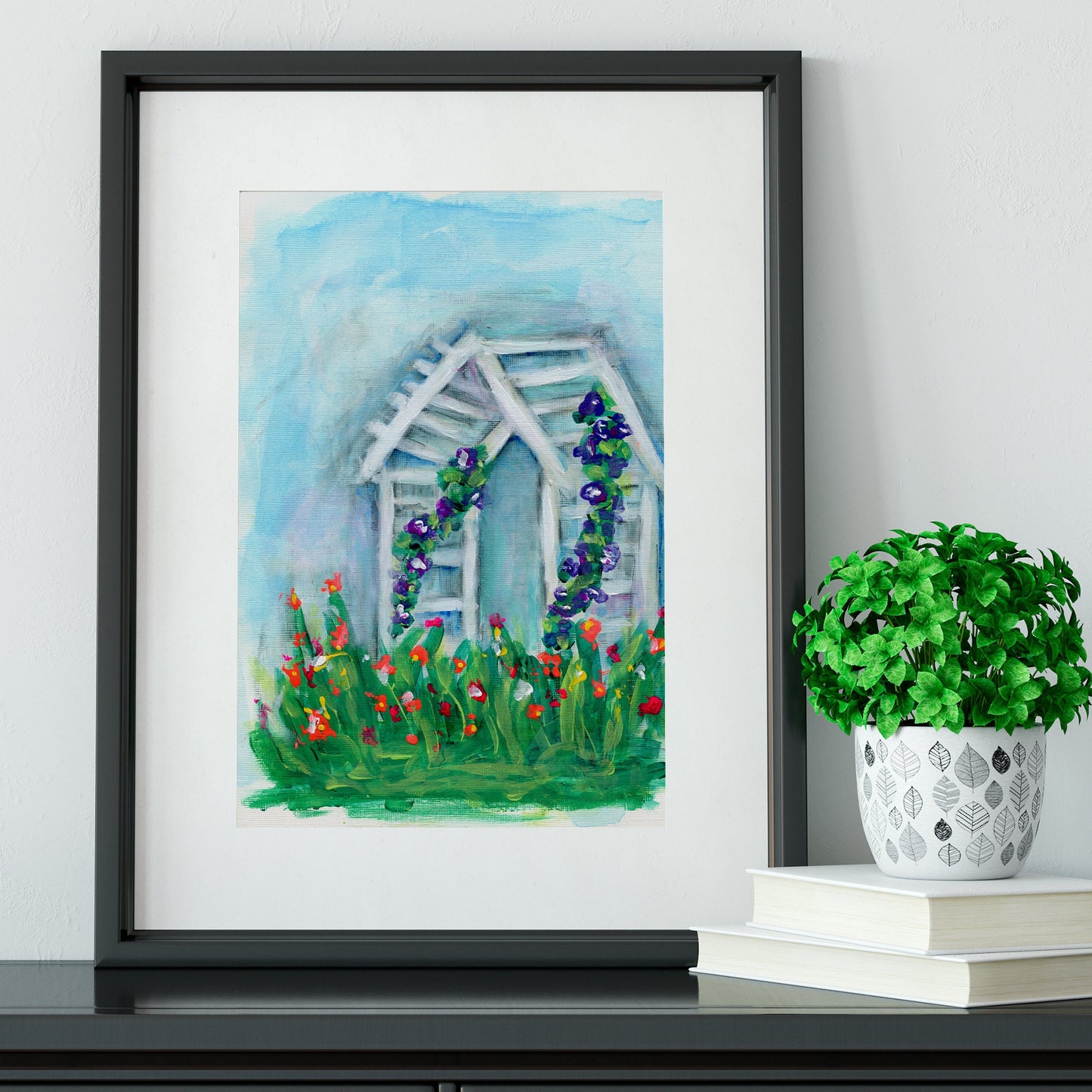 Flowering trellis garden landscape acrylic painting on paper 9x12, impressionism painting, nature inspired original painting not a print