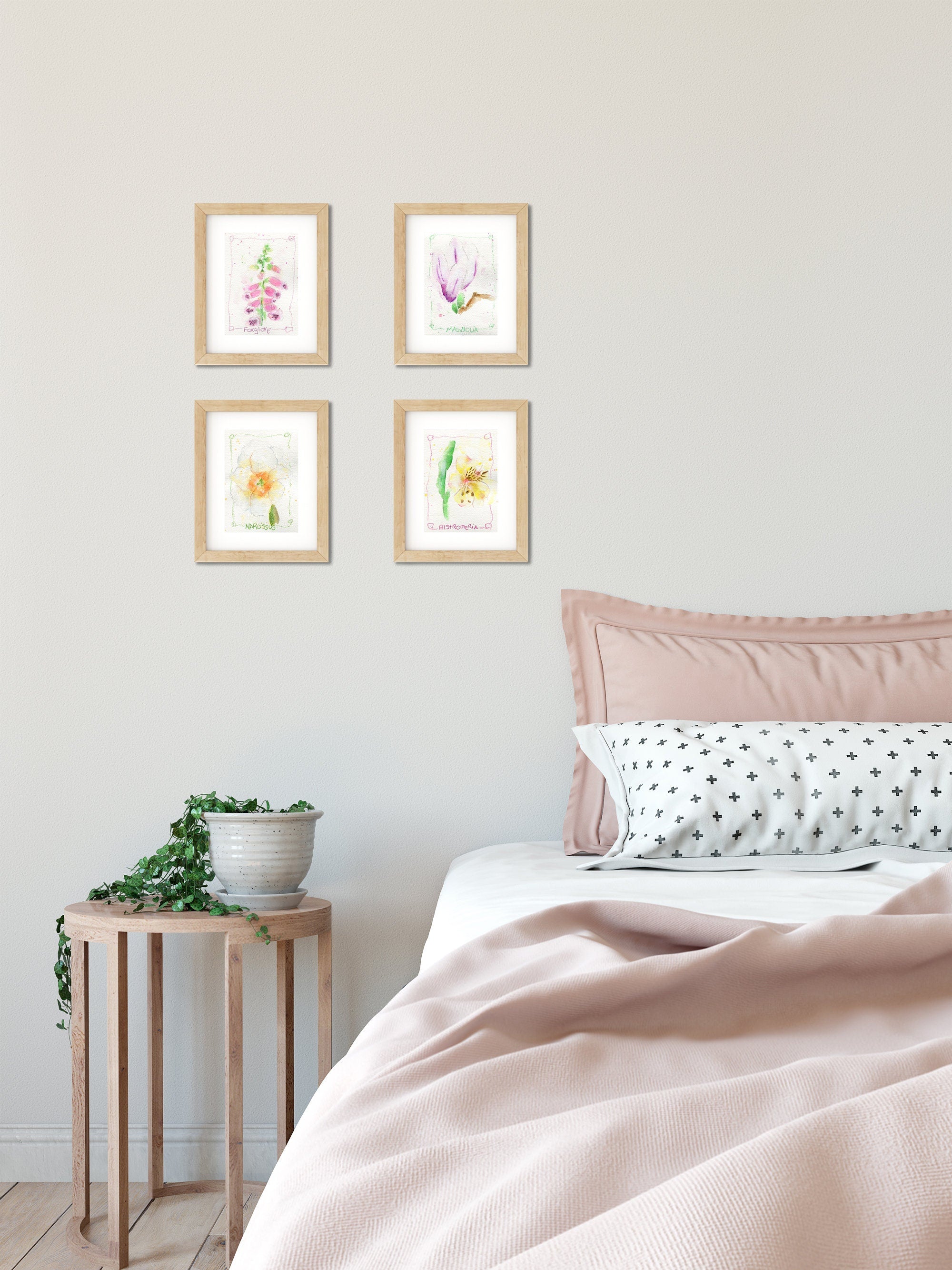 Set of 4 watercolor flower paintings 5x7, magnolia, foxglove, outlets alstroemeria, narcissus, dainty wall art