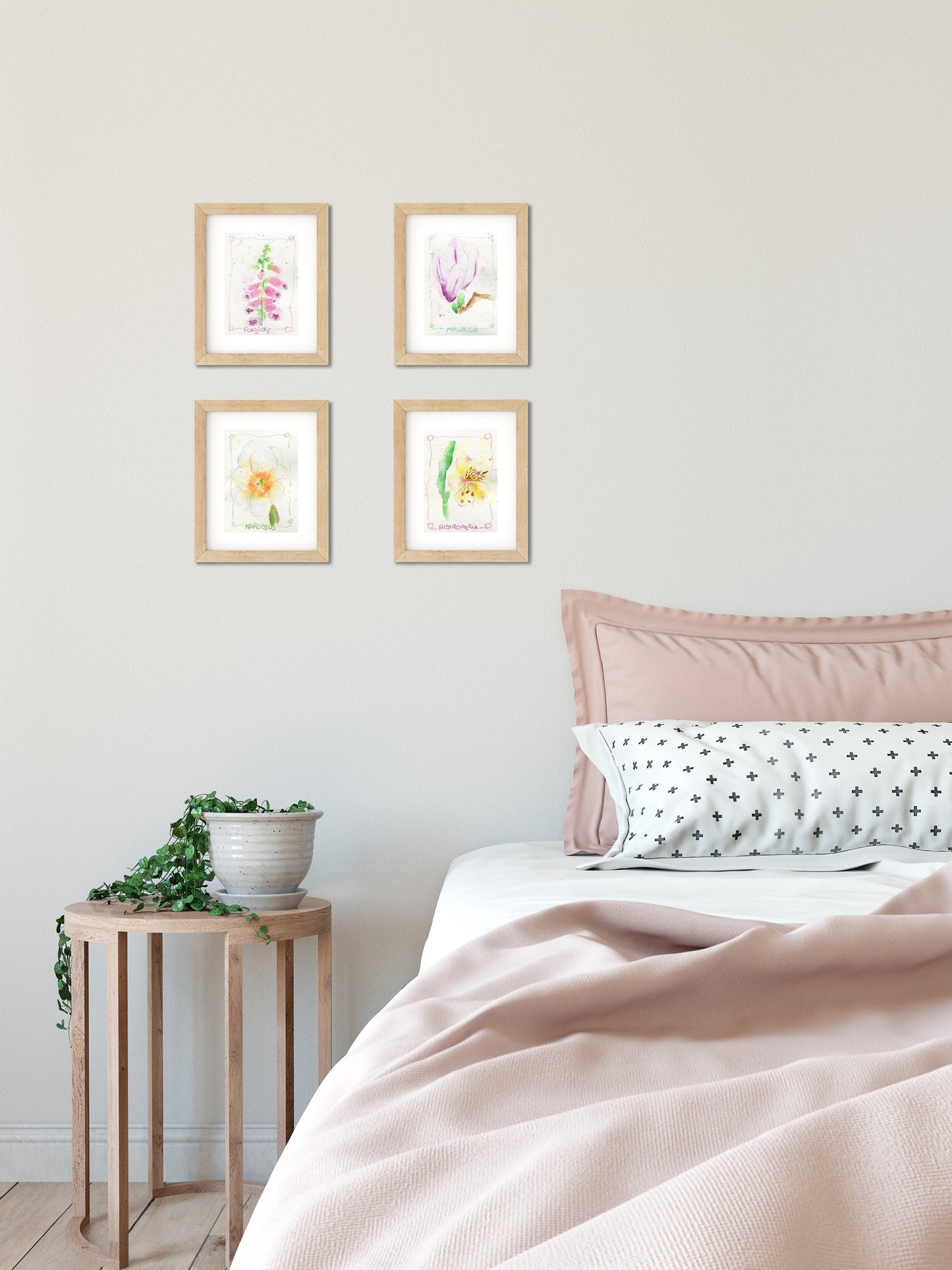 Set of 4 watercolor hand painted flower paintings 5x7, magnolia, foxglove, alstroemeria, narcissus, dainty wall art