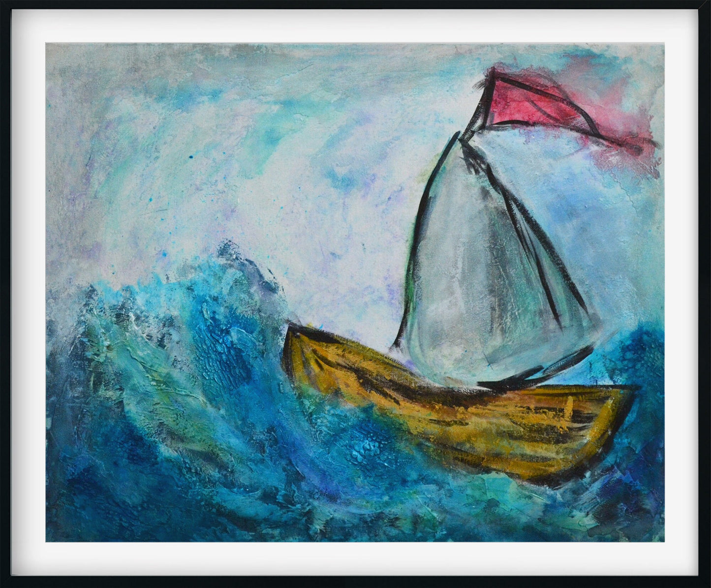 Sailboat and ocean painting hand painted on canvas board 16x20, mixed media painting on canvas panel, life on the water painting