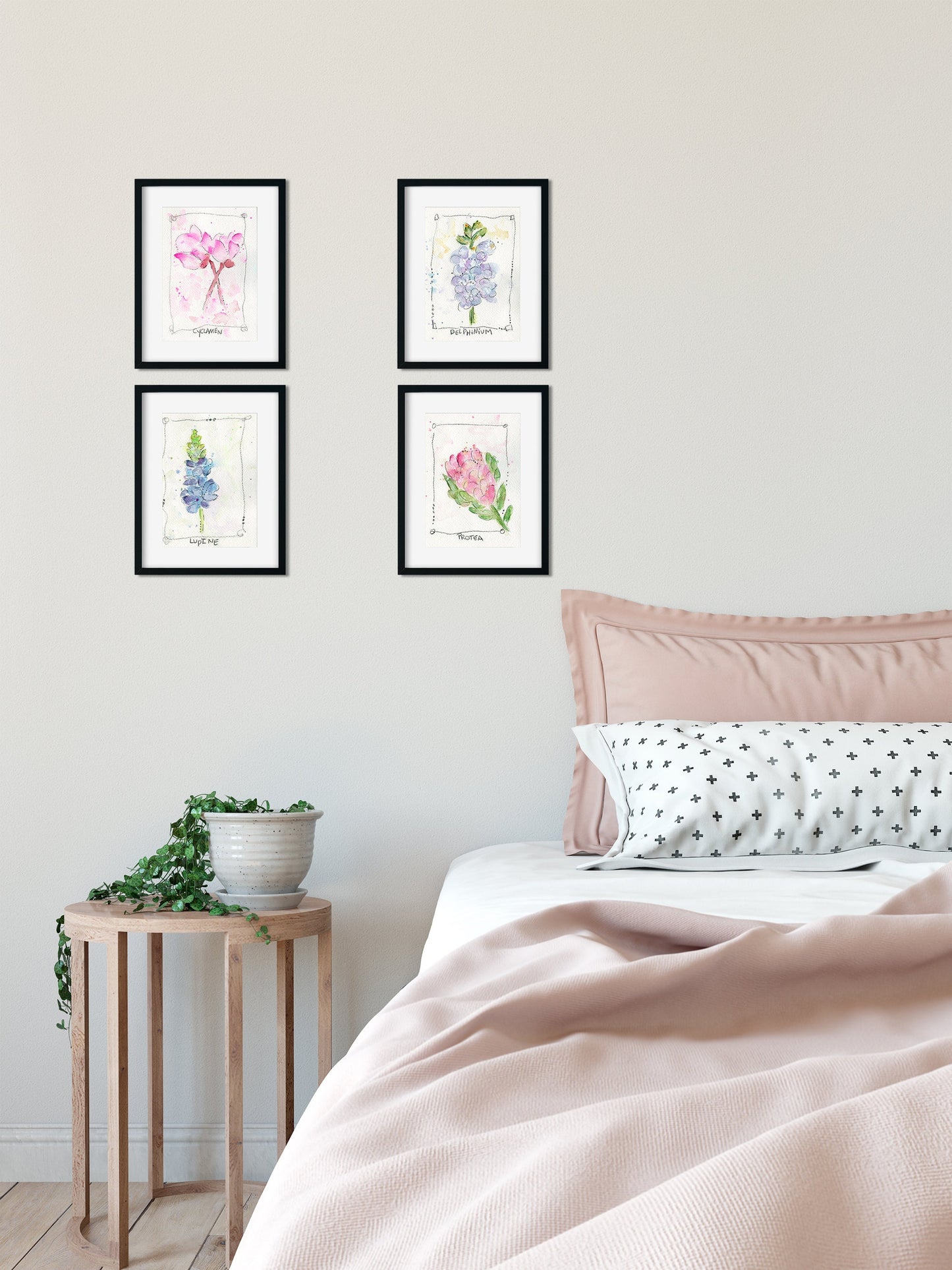 Set of 4 watercolor flower paintings 5x7, lupine, protea, delphinium and cyclamen original hand painted wall art