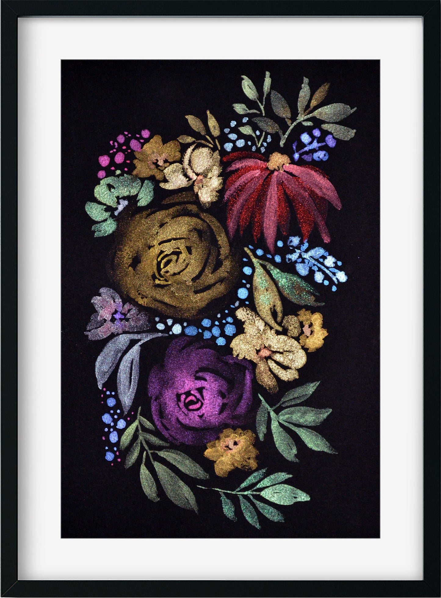 Flowers hand painted metallic watercolor painting 9x12, original metallic watercolor painting on black paper