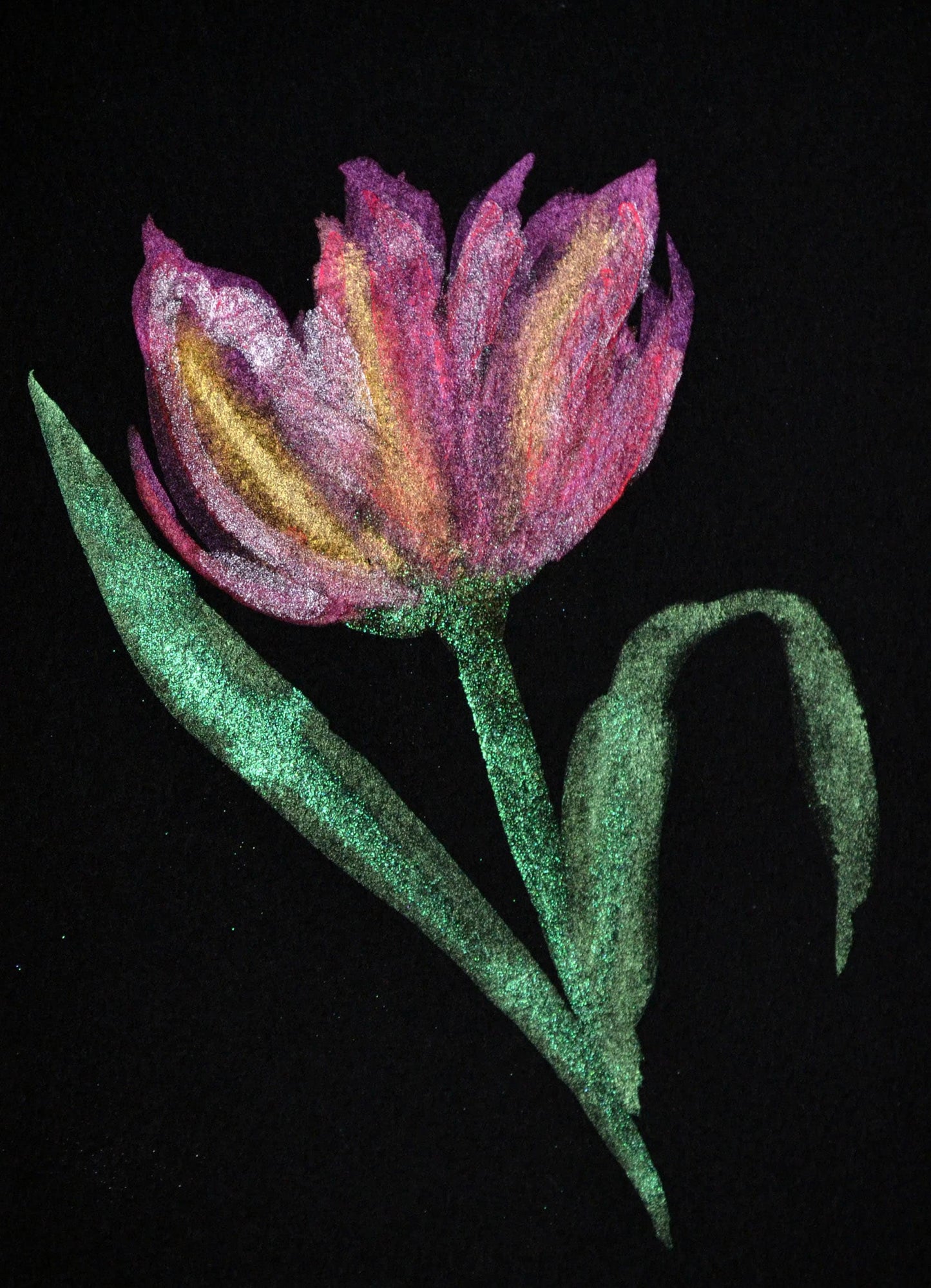 Metallic hand painted watercolor flowers on black paper, Set of 6 ready to frame original paintings