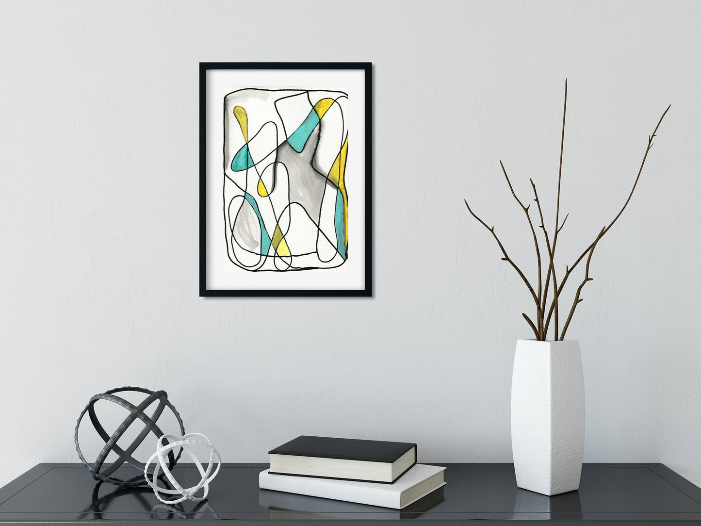 Geometric yellow and teal line drawing watercolor painting 9x12, hand painted original eclectic boho wall art, neurographic drawing