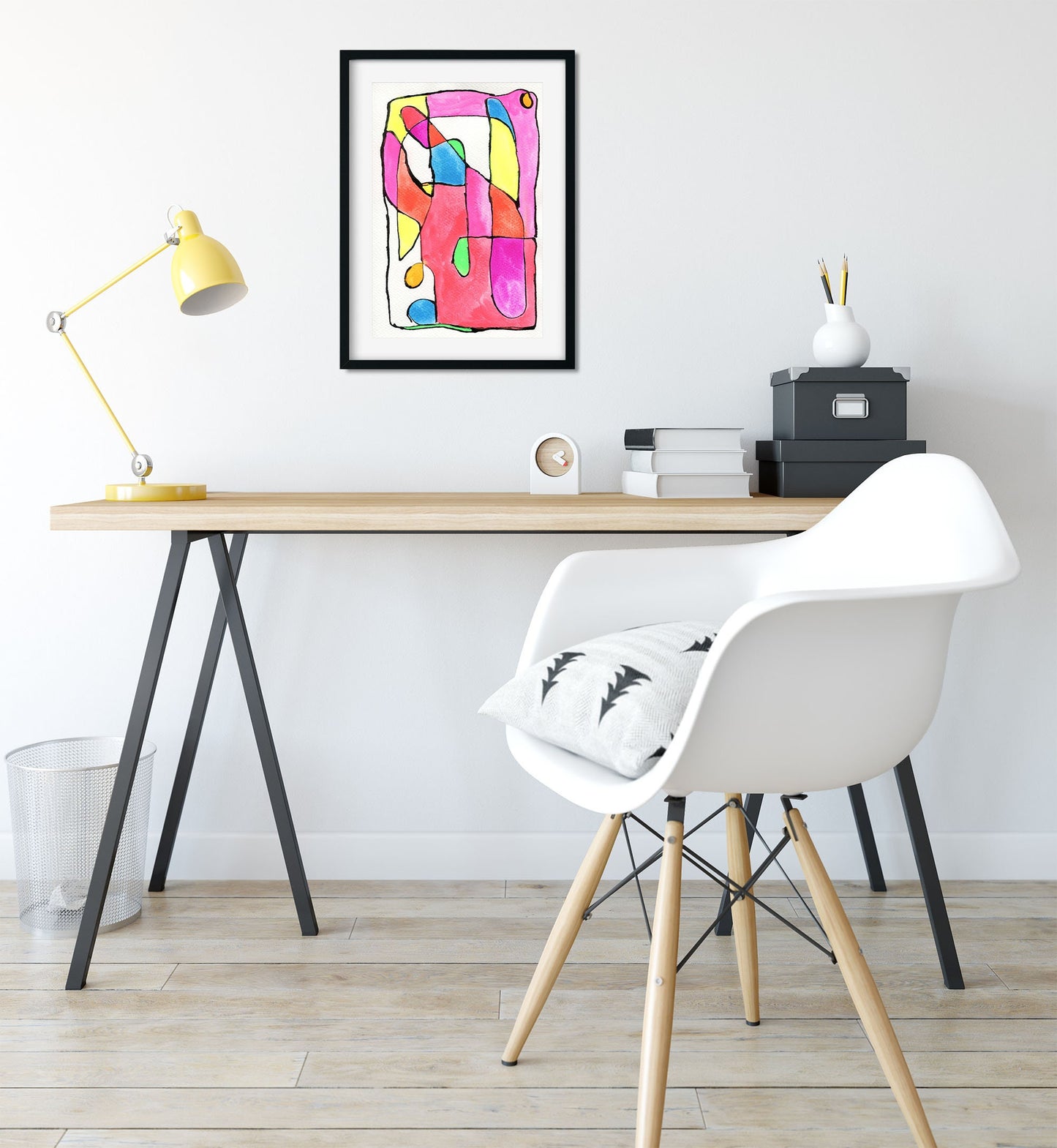 Geometric neon line drawing hand painted watercolor painting 9x12, eclectic boho wall art, original painting on paper