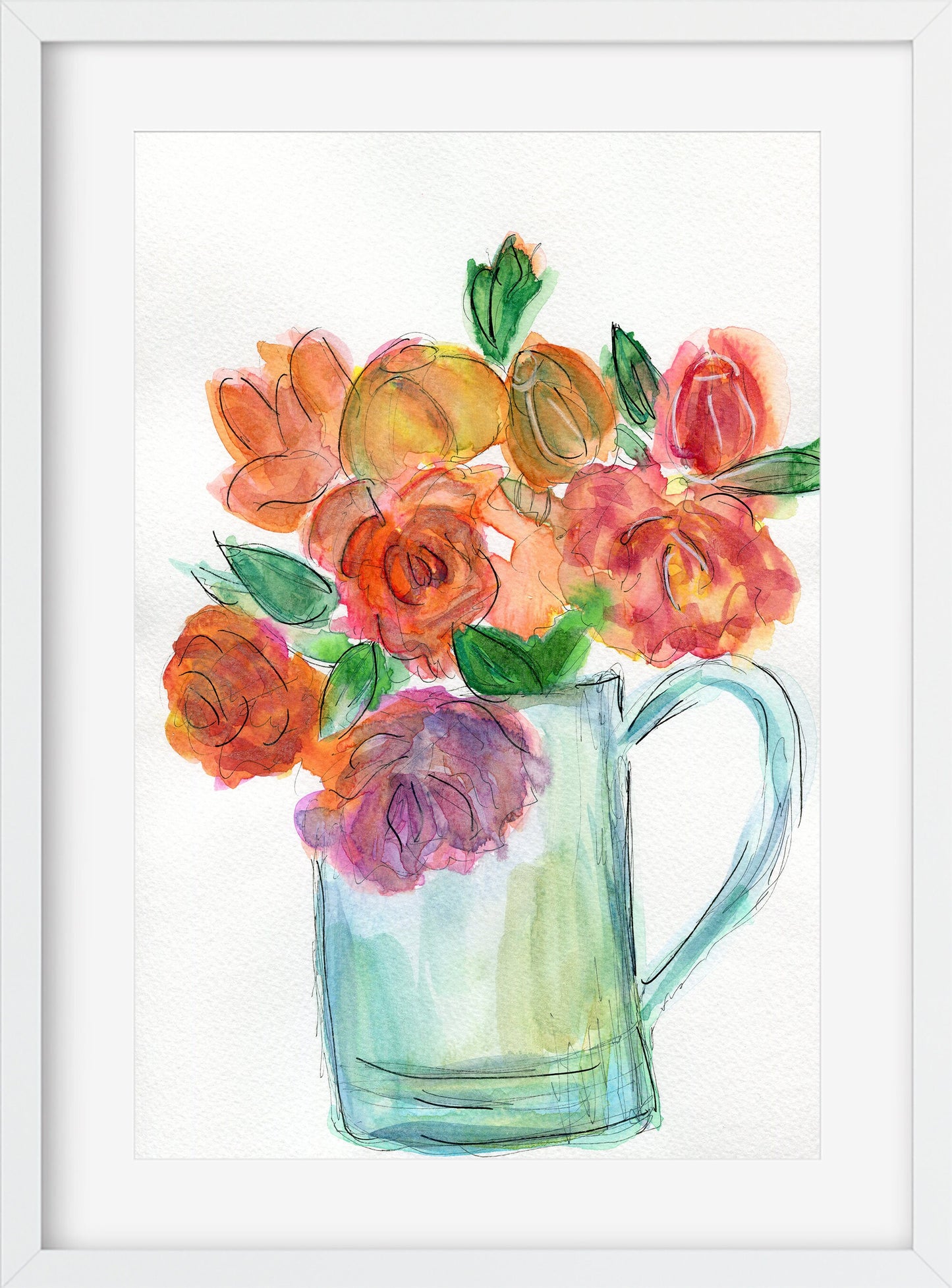 Flower bouquet in a water pitcher watercolor painting 9x12, line and wash style flowers watercolor, still life botanical painting