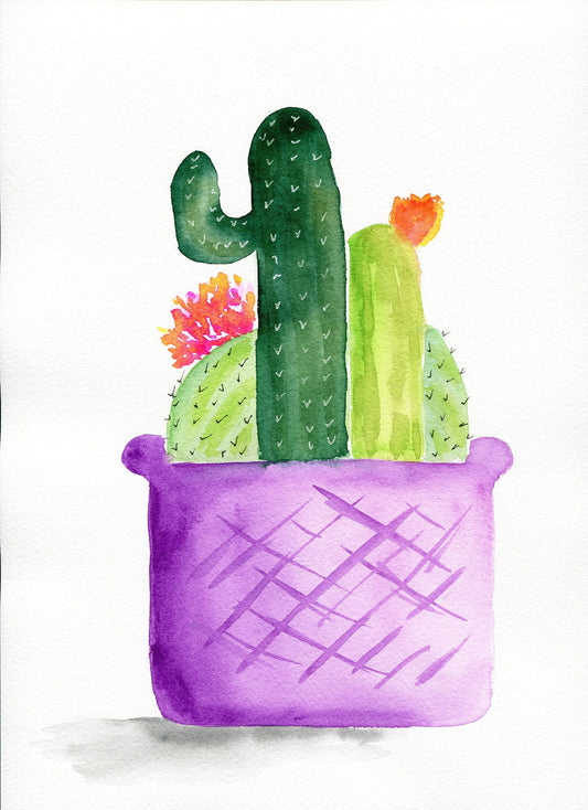 Flowering cactus in a purple planter original watercolor painting 9x12, hand painted original southwestern decor on paper ready to frame