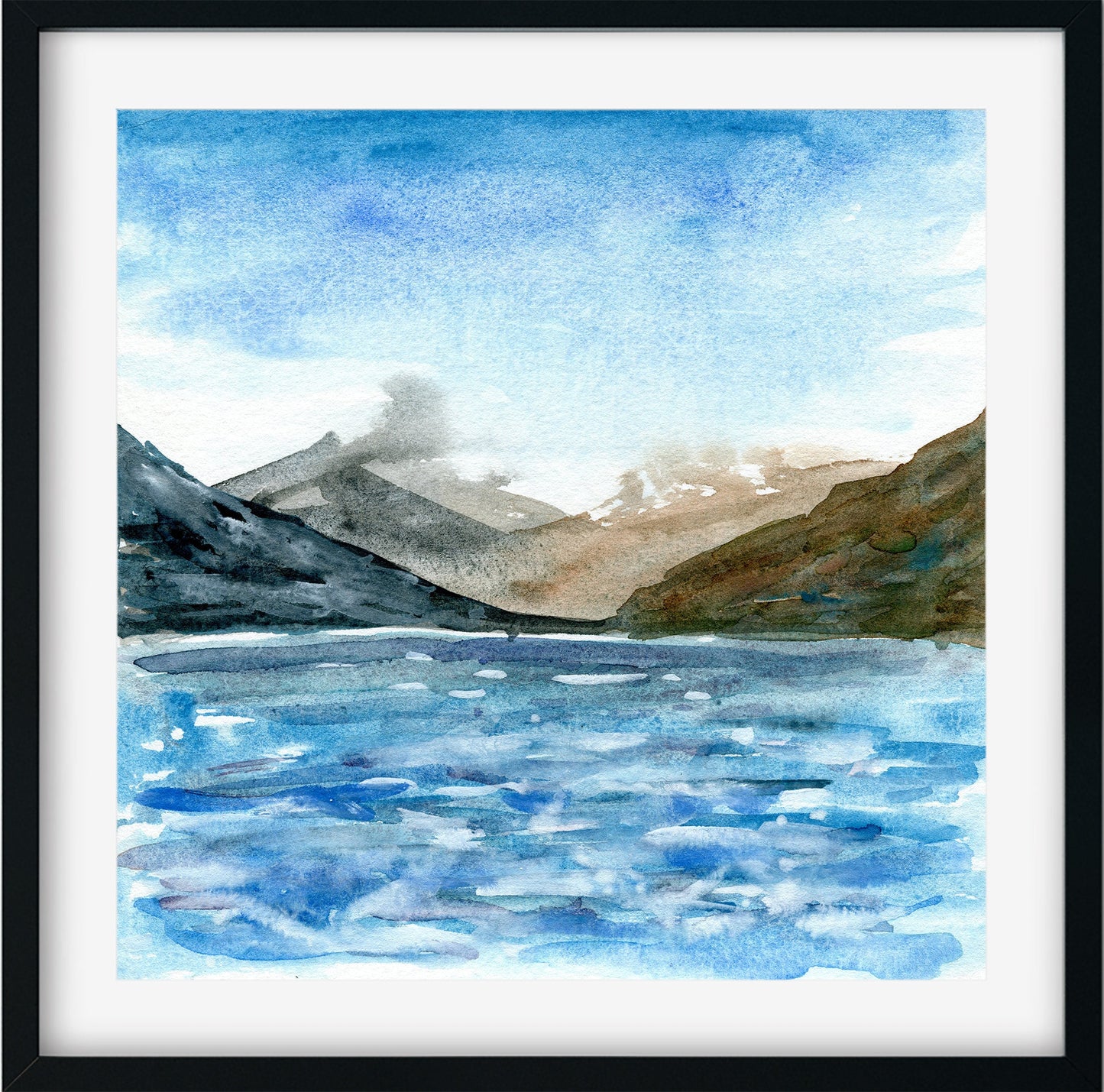 Abstract lake and mountain landscape hand painted watercolor painting on paper 8x8, impressionism landscape wall art, original artwork