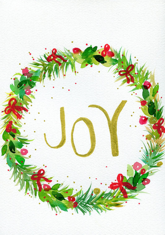 Christmas wreath with joy hand painted watercolor painting 9x12, not a print original watercolor, holiday decorations, Santa is coming