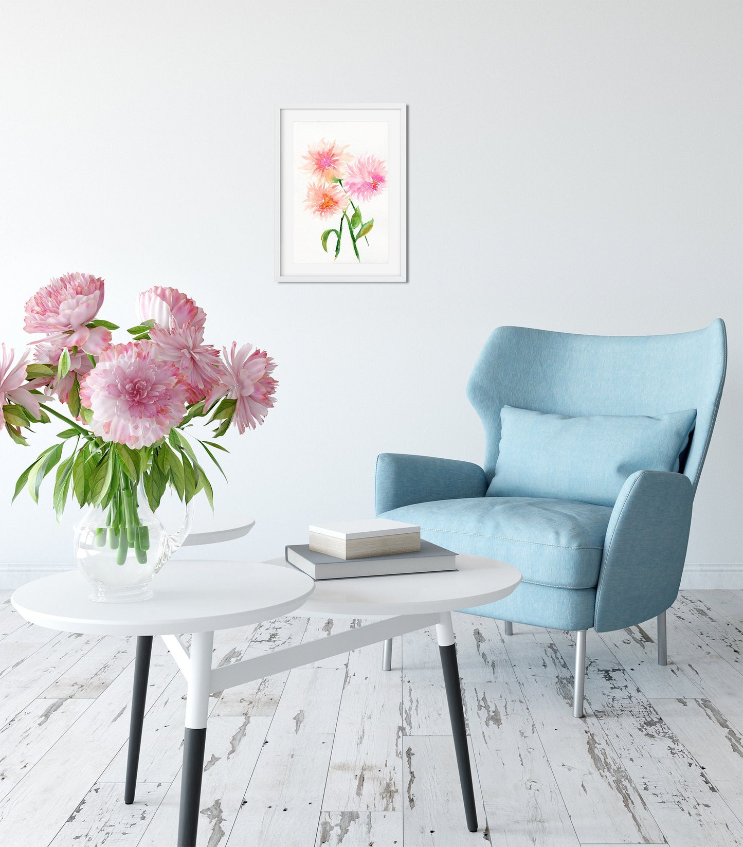 Pink dahlia watercolor painting on paper, original modern floral watercolor, botanical wall art