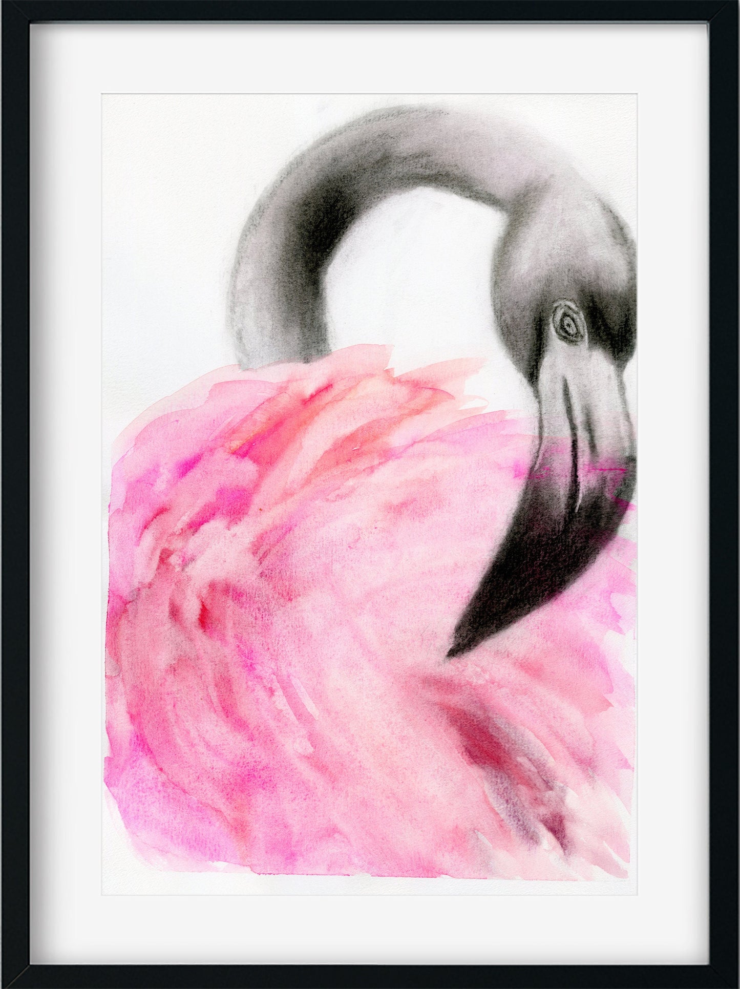 Pink flamingo art, hand painted charcoal and watercolor painting 9x12, flamingo wall art, original watercolor painting