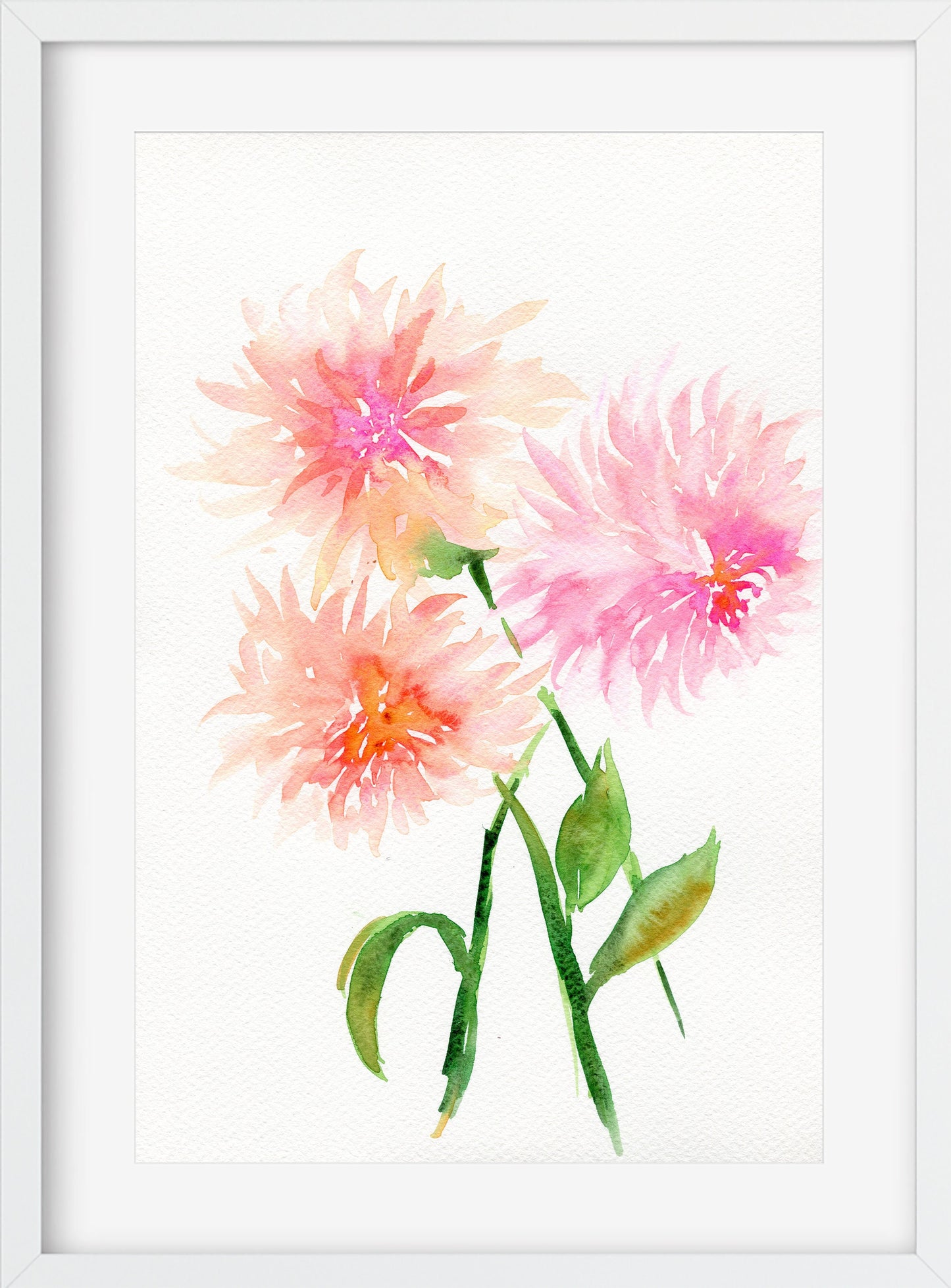 Pink dahlia watercolor painting on paper, original modern floral watercolor, botanical wall art