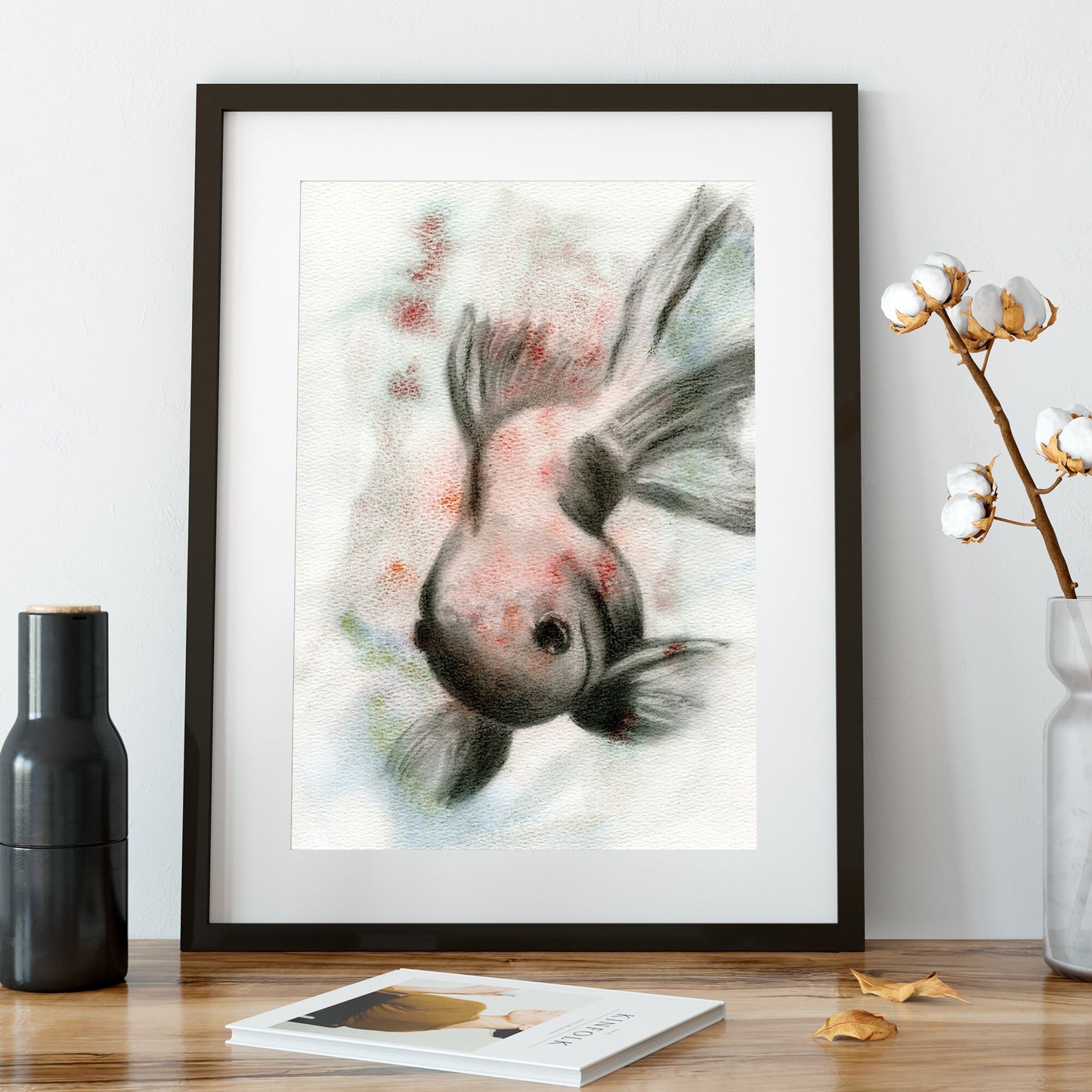 Koi fish painting watercolor and charcoal painting 9x12, original watercolor, not a print, Japanese Koi painting