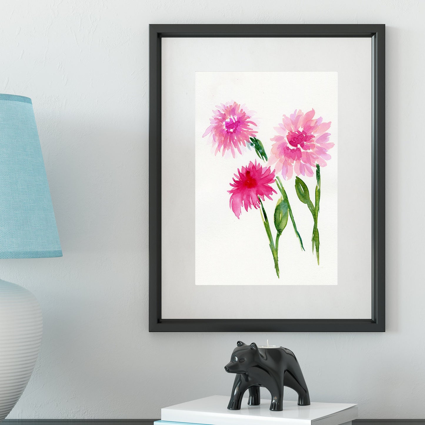 Pink dahlias original watercolor painting 9x12, hand painted botanical wall art, floral artwork